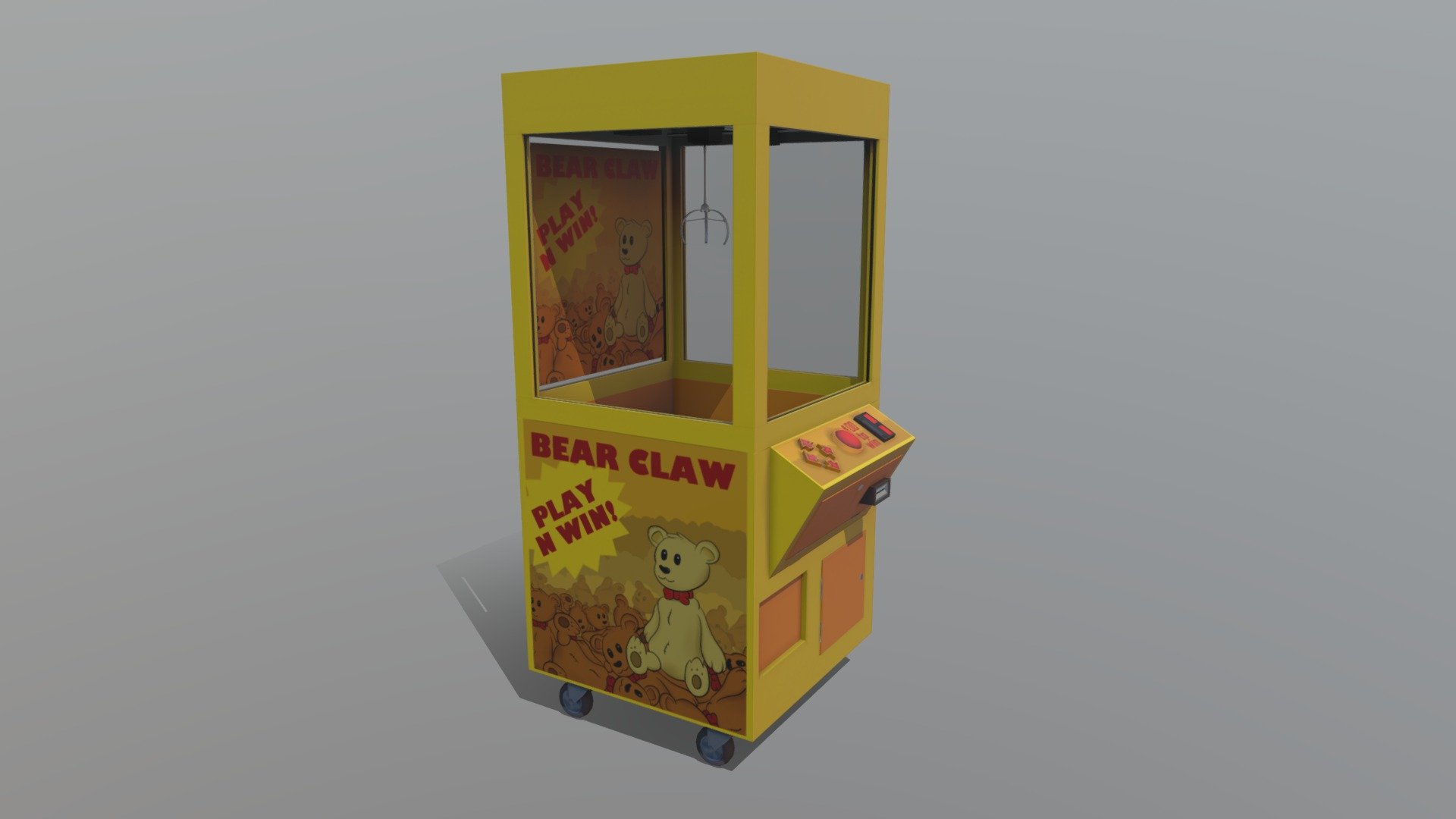 Simple Blender model of a claw Game machine.

Videos of the modeling and texturing process can be found here:

https://youtu.be/eip3aOM7EQg
https://youtu.be/oN7WCdrZ7g8
https://youtu.be/dvEpgq_NsvE

The model has been simplified for the purposes of uploading to Sketchfab 3d model