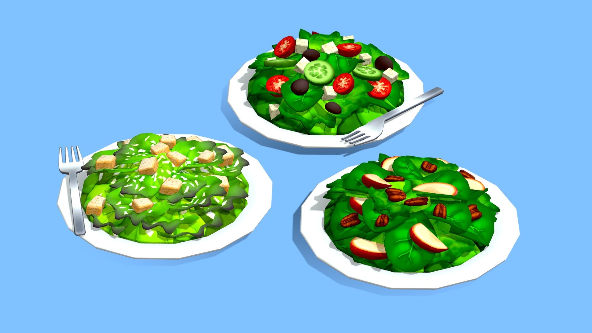Three healthy, low-poly salads for your next cafe!




Greek salad, apple/pecan and caesar salad

Plates and fork included!

This asset uses a single 1024x1024 diffuse texture map and can be used both lit and unlit - perfect for mobile!

Modeled in Maya and painted in Photoshop.

While you’re here make sure to check out my other assets! Every asset is modeled and painted in the same style so your game or project will maintain a cohesive and unique style with a wide variety of assets to choose from! - Salads - Buy Royalty Free 3D model by Megan Alcock (@citystreetlight) 3d model