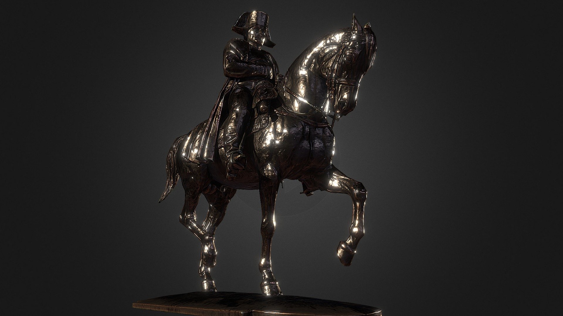 Low poly model of Statue of Napoleon on Horse. 

Equestrian statue of Napoleon, 1868, located since 1930 in Laffrey (a village south of Grenoble (Isre, french Alps) in a place named &ldquo;prairie de la Rencontre