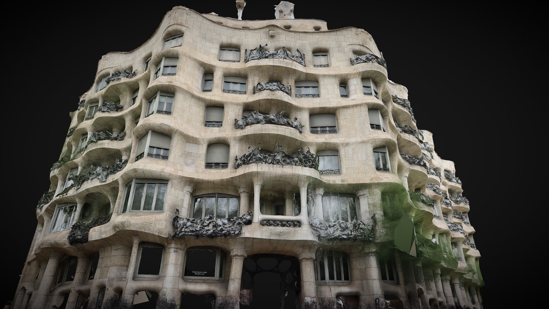 3D Scan &amp; modelling process using digital photogrammetry, by Thomas Axel Leclair.

&ldquo;The Casa Milà (La Pedrera) is considered Antoni Gaudí's most emblematic civil building, for its constructive and functional innovations and for the ornamental and decorative solutions that break with the architectural styles of his time.

The façade of La Pedrera is not structural, it loses its traditional function as a load-bearing wall and becomes a curtain wall. The stone blocks (more than 6,000) are joined to the structure by metal elements, which is why large windows could be opened.