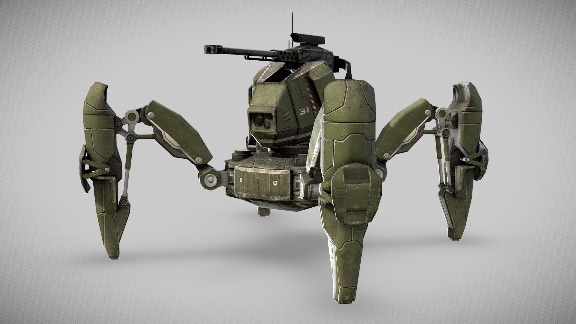 The model is a unit for a top down turn based game im working on. This units main purpose is for dealing high damage at long range. 

The mech is its used in ambushes on convoys, mainly deployed remotley it will relocate to a vantage point and wait until any enemy units come in range.

Modeled in Maya. Textured in Quixel/photshop 2048x2048 3d model