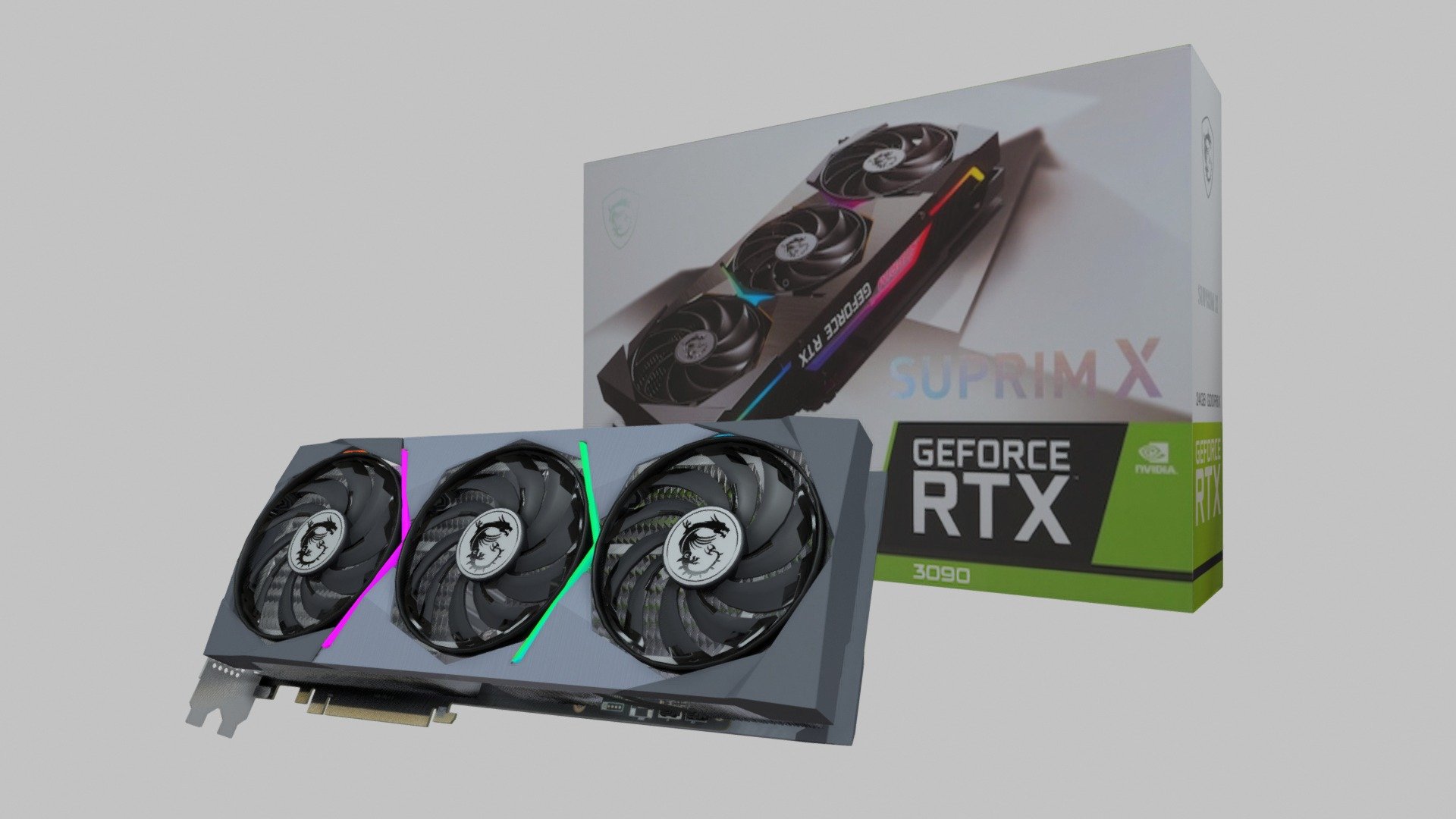MSI GeForce RTX™ 3090 SUPRIM X • BFGPU


made on Blender


Additional file contains


RTX 3090 Original File (.blend)
.gltf/.glb
RTX 3090 Suprim X Box (.blend file)
Textures

The GeForce RTX™ 3090 Ti and 3090 are big ferocious GPUs (BFGPUs) with TITAN class performance. Powered by Ampere—NVIDIA’s 2nd gen RTX architecture—they double down on ray tracing and AI performance with enhanced Ray Tracing Cores, Tensor Cores, and new streaming multiprocessors. Plus, they feature a staggering 24 GB of G6X memory, all to deliver the ultimate experience for gamers and creators.


My Socials



My Discord Server | https://discord.gg/G8AvAkvcsr
My Instagram | https://www.instagram.com/meu9mm98/
My Twitch | https://www.twitch.tv/meu9mm98

? If you have any questions, contact me on discord.

! Do not repost my model on another site without my authorization.


Version History

V2.0
 - MSI GeForce RTX™ 3090 SUPRIM X 24G - Buy Royalty Free 3D model by M E U (@meu9MM98) 3d model
