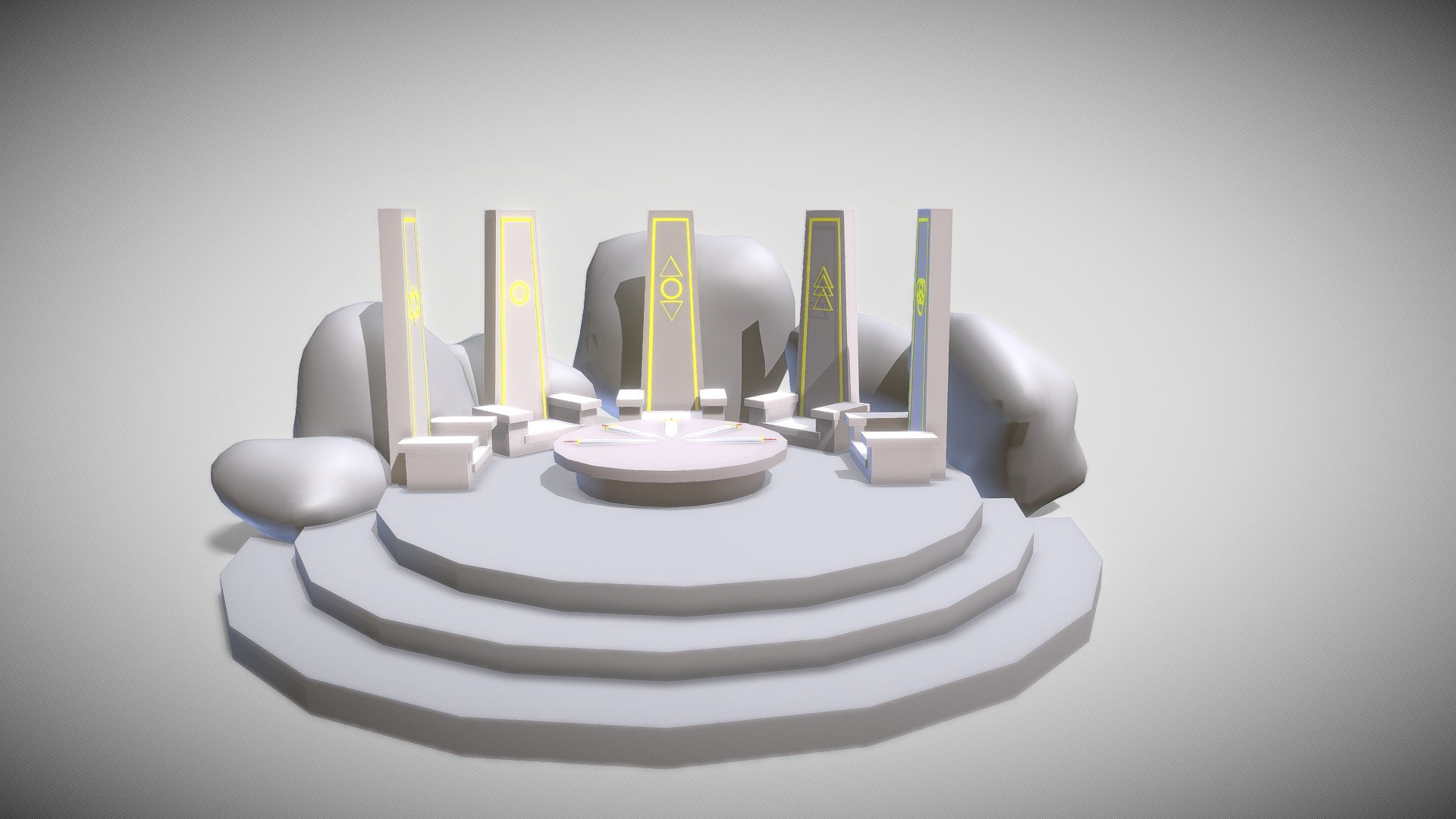 A simple throne, created with Maya, inspired from the movie Shazam!
Each seats consist of 5 different tribe. 
The throne is located inside a hidden cave, so the texture for the model is stone, except for the golden line and the symbol, the texture should be gold.
Texture done in Maya 3d model