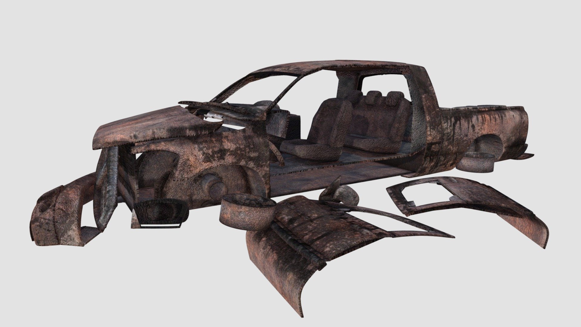 Highly detailed 3d model of destroyed car with all textures, shaders and materials. It is ready to use, just put it into your scene 3d model