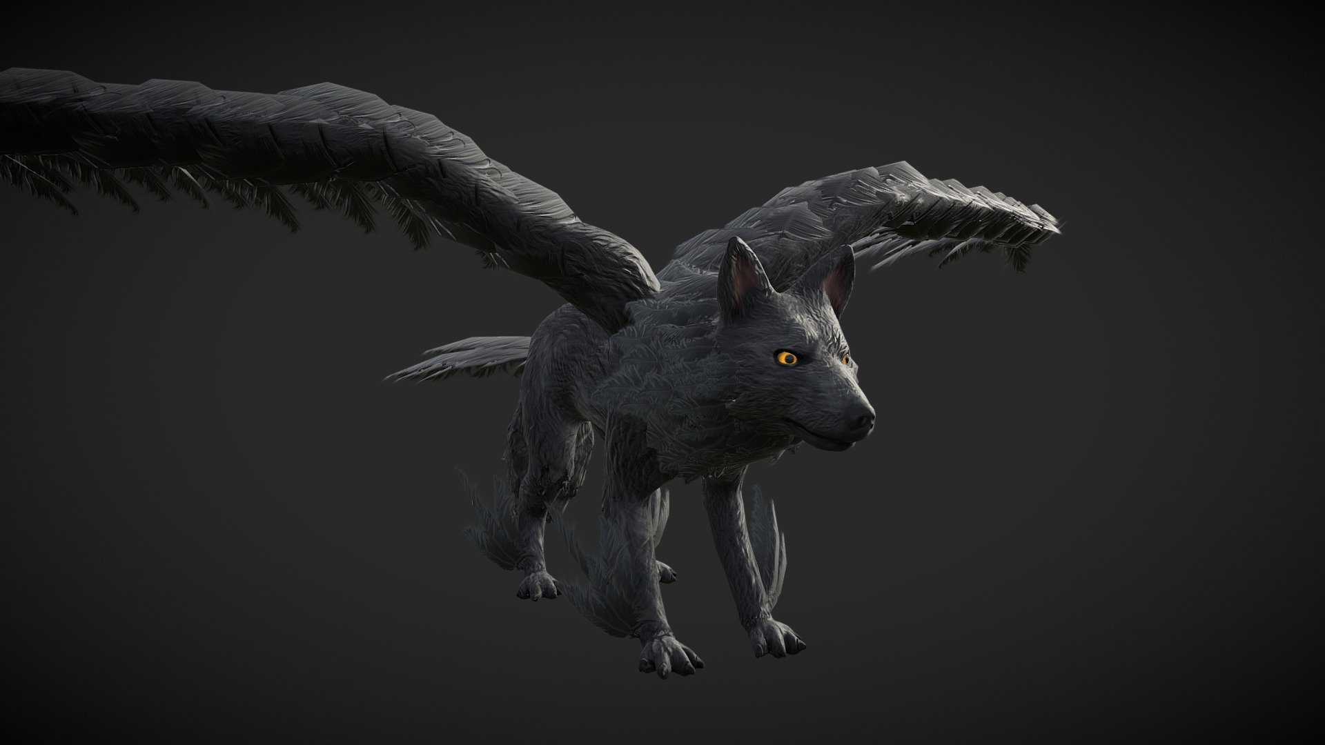 I sculpted the winged wolf in Zbrush then remeshed it. The wing feathers were made in blender using planes. UV'ing was also done in blender. All the texturing was done in substance painter 3d model