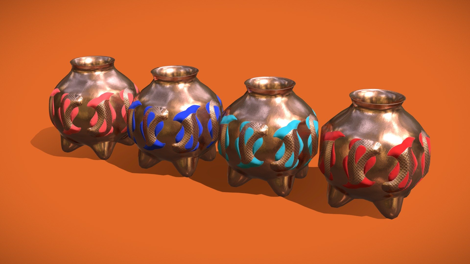 Traditional Copper Pot Craftsmanship. 
Mexican kitchen utensil or decorative ornament.
A single pot has 820 vertices and 1636 triangles, except for the high poly one which has 3476 vertices and 6948 triangles.
Blender -&gt; Marmoset toolbag -&gt; Substance painter


2K textures
PBR Textures for Unity3D and Unreal Engine
2 levels of detail
60 cm tall
 - Copper pots - Mexican Handcraft - Buy Royalty Free 3D model by 3D Chop by Chilaquil (@chilaquil) 3d model