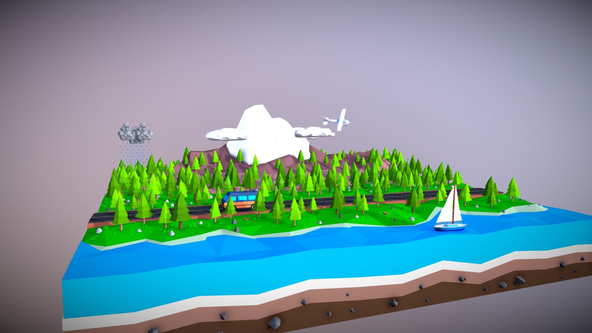 Cartoon low poly isometric landscape scene with mouuntain range, trees, camper van, airplane,&hellip; - Isometric Landscape Scene F - 3D model by Masterari 3d model