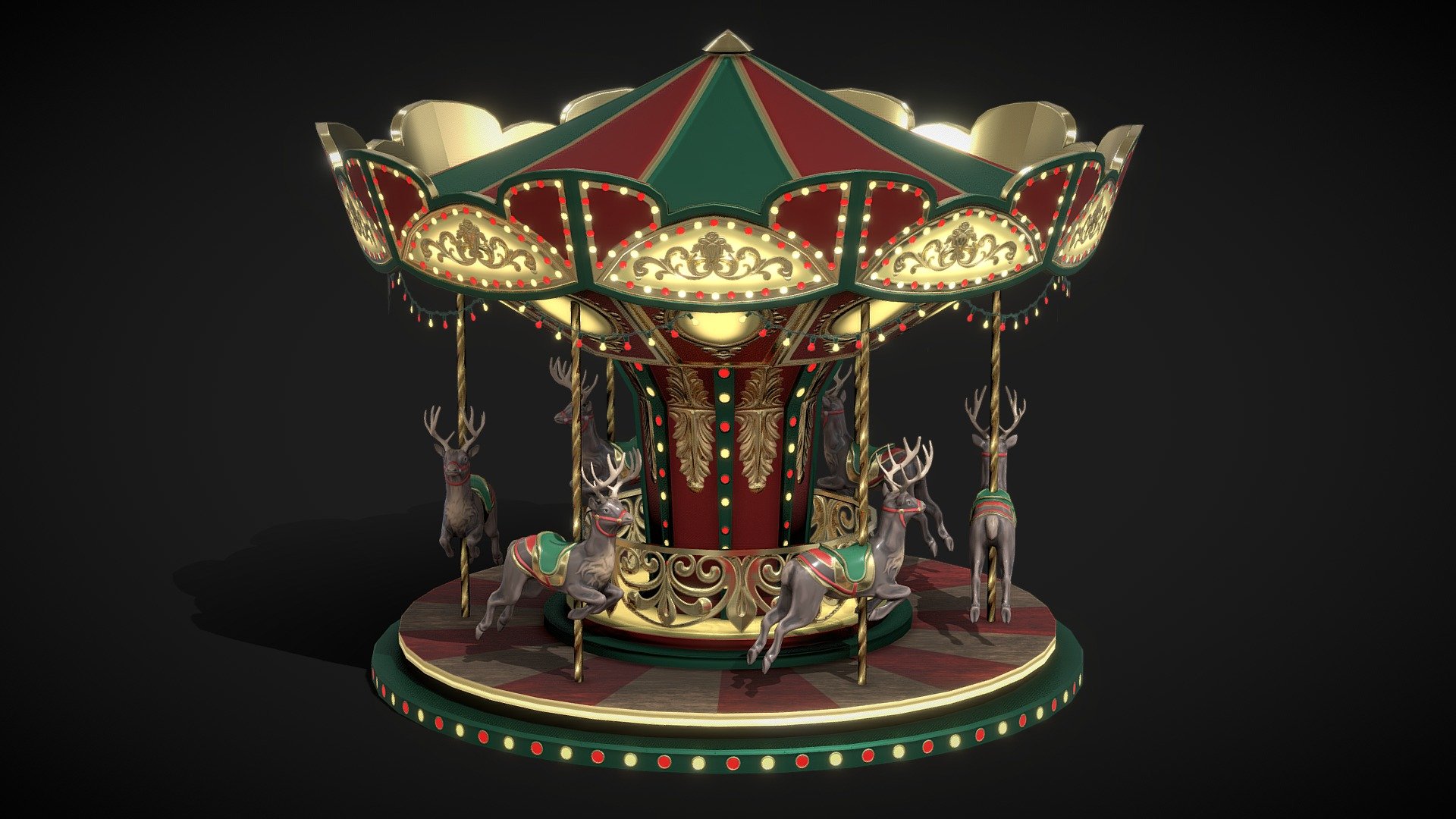 Christmas Carousel / Merry-go-round - Animated low poly model 

Triangles: 21.1k
Vertices: 10.8k

4096x4096 PNG texture

Textures include:




Base Color

Normal

Roughness

Opacity

Ambient Occlusion

Emissive

Commercial use*

My models cannot be included in an asset pack or sold at any sort of asset/resource marketplace 3d model