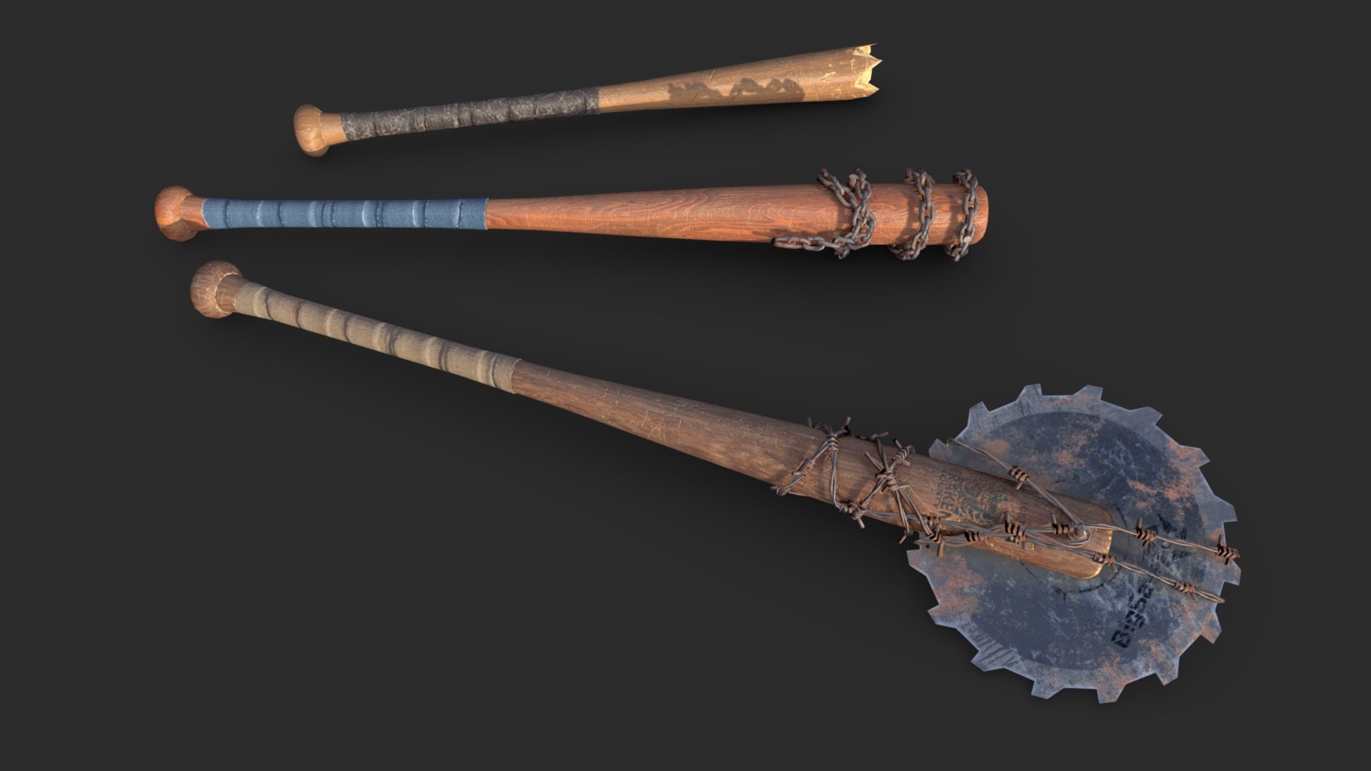 This baseball bats assets pack including 3 objects with 4 LODs each and colliders. All bats are in realistic style and can be used in any game (post-apo, first person shooter… ). All objects share the same unique material for the best optimization for games.

The pack includes 2 color variations : a clean one and a bloody variant. The pack includes also textures for anisotropic effect on the circular saw.

Low-poly model &amp; Blender native 2.91

SPECIFICATIONS


Objects : 3
Polygons : 10371
Subdivision ready : No
Render engine : Eevee (Cycles ready)

GAME SPECS


LODs : Yes (inside FBX for Unity &amp; Unreal)
Numbers of LODs : 4
Collider : Yes
Lightmap UV : No

EXPORTED FORMATS


FBX
Collada
OBJ

TEXTURES


Materials in scene : 1
Textures sizes : 4K
Textures types : Base Color, Metallic, Roughness, Normal (DirectX &amp; OpenGL), Heigh &amp; AO (also Unity &amp; Unreal workflow maps)
Textures format : PNG
 - Baseball Bats Assets 02 - Buy Royalty Free 3D model by KangaroOz 3D (@KangaroOz-3D) 3d model