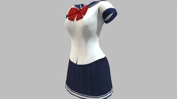 Female Manga Sailor School Uniform short, mini, school, marine, white, shirt, fashion, girls, clothes, skirt, sailor, manga, uniform, sleeves, womens, wear, pleated, pbr, low, poly, female, blue, anime, japanese