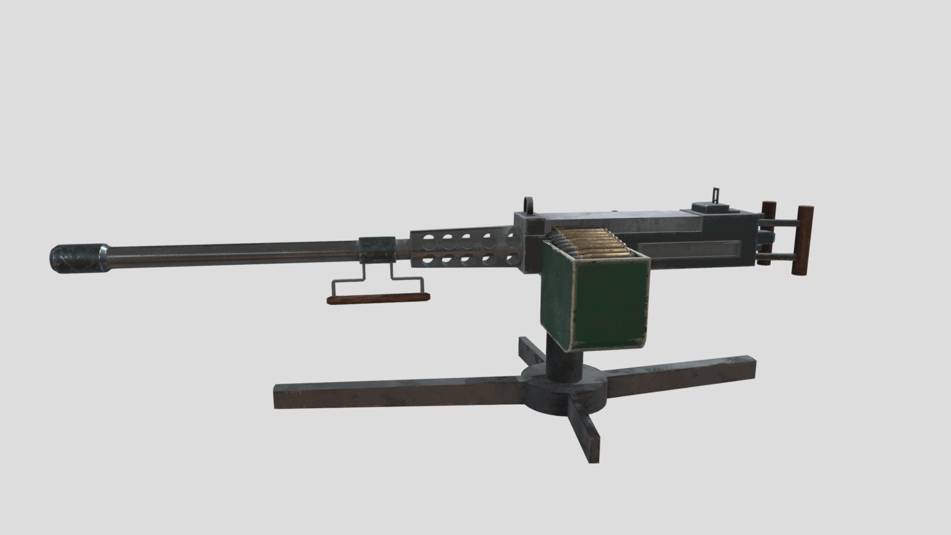 The M2 Browning machine gun was first conceived in 1918, as a request by General John Pershing of the AEF for a large-caliber antiaircraft and antitank machine gun. John Browning scaled his M1917 water-cooled .30 caliber design up to .50 caliber, and the first prototypes were test fired in November of 1918. Impetus behind the project faltered after the Armistice, but Colt continued to develop the gun during the 1920s and 1930s. It was first adopted in 1922 by the US Coastal Artillery as an antiaircraft gun, but significant manufacture would not come until World War Two. By this time, the gun's main role had shifted, from antitank to being an aircraft armament, and some 2 million were made during World War Two, primarily as aircraft guns.

The M2 remains in service today, highlighting the brilliance and longevity of John Browning's designs 3d model