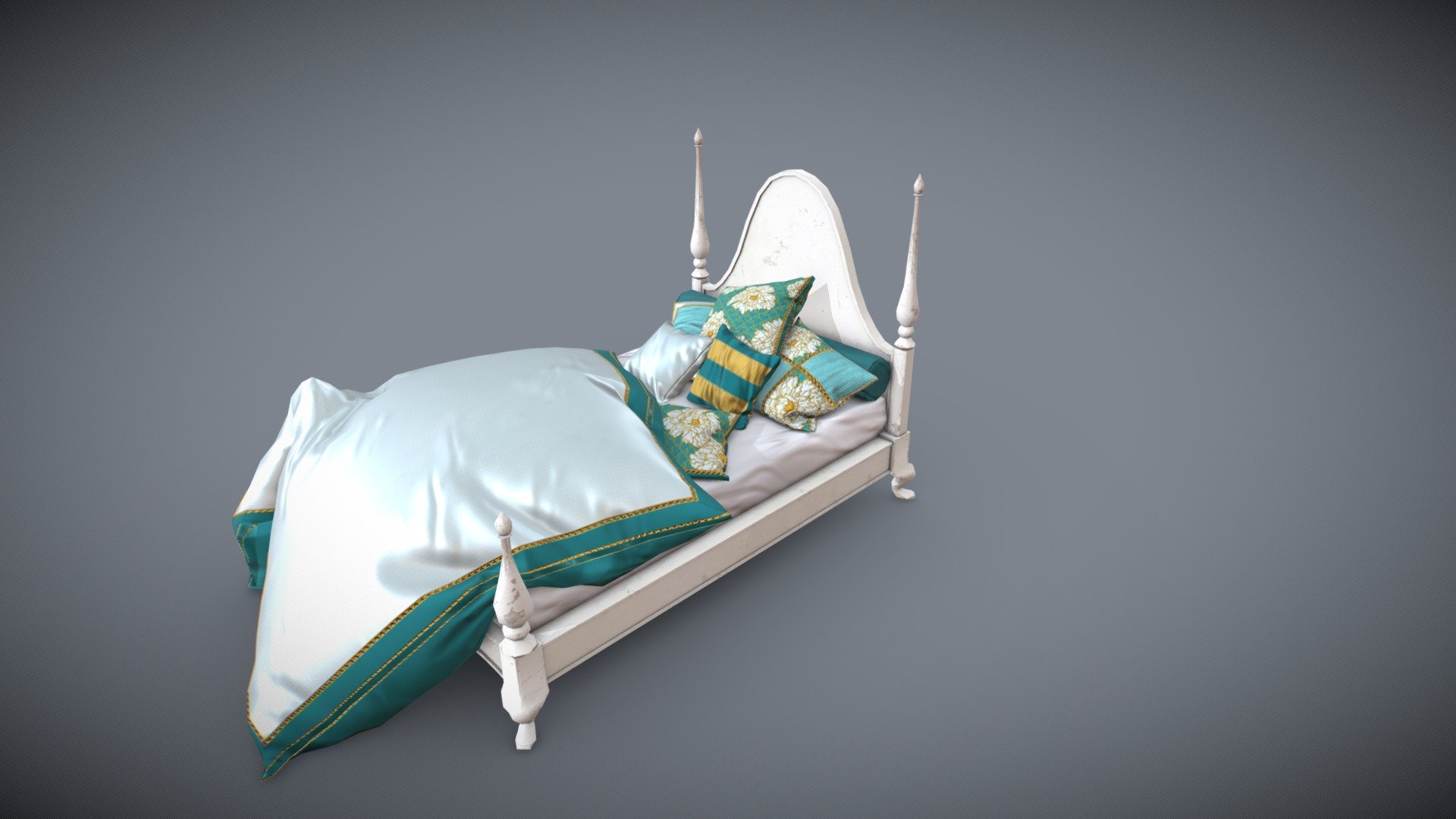 White painted vintage bed with bedclothes 3d model