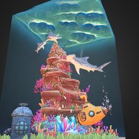 Underwater Diorama shark, scene, assets, underwater, ocean, sand, crystals, diorama, waves, hammerhead, bubbles, corals, maya, photoshop, lowpoly, zbrush, sea, submarine