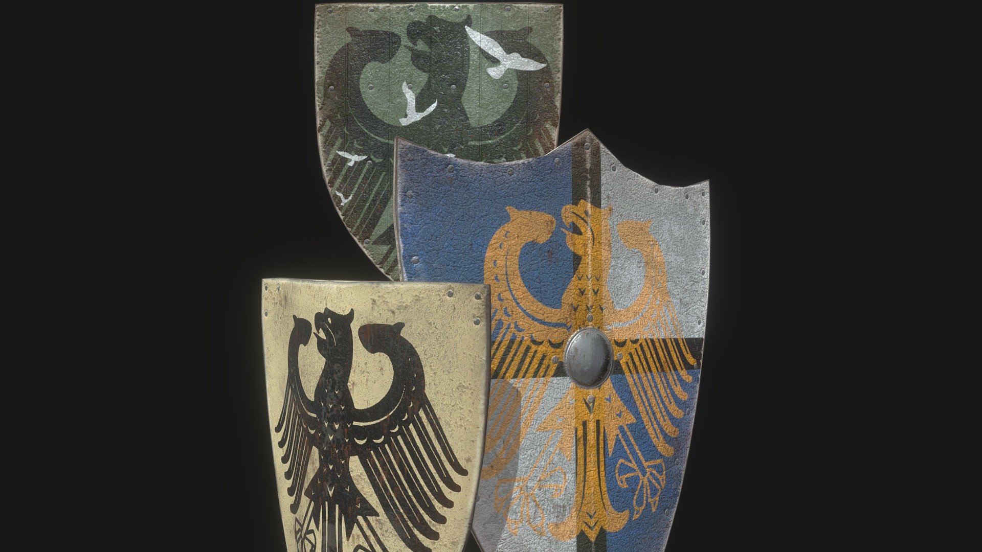 A set of Medieval Kite Shields crested with an Eagle!

If you buy any of my medieval Kite shields, the texture sets are interchangeable across all 4 models!

Designed for games in Low-poly PBR including Albedo, Normal, Metallic, AO, and Roughness 4K textures.

Horned Kite - 568 Triangles.
Flattop Kite - 496 Triangles.
Wooden Small Kite - 532 Triangles 3d model
