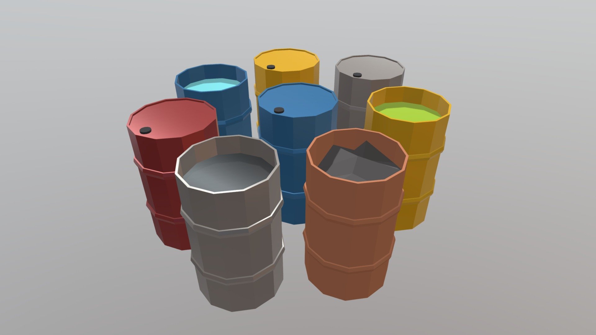 LP Barrel Lowpoly Cartoon Pack

Metal barrels of different types for your project
store water, garbage, toxic waste, oil products and other explosive components in them.
burn trash in them.
Perfect for cartoon lowpoly projects.
content:
- open barrel of water
- closed barrel of water
- open barrel with toxic waste
- closed barrel with toxic waste
- open barrel with oil products
- closed barrel with oil products
-explosive red barrel dangerous
- a barrel for burning garbage 3d model