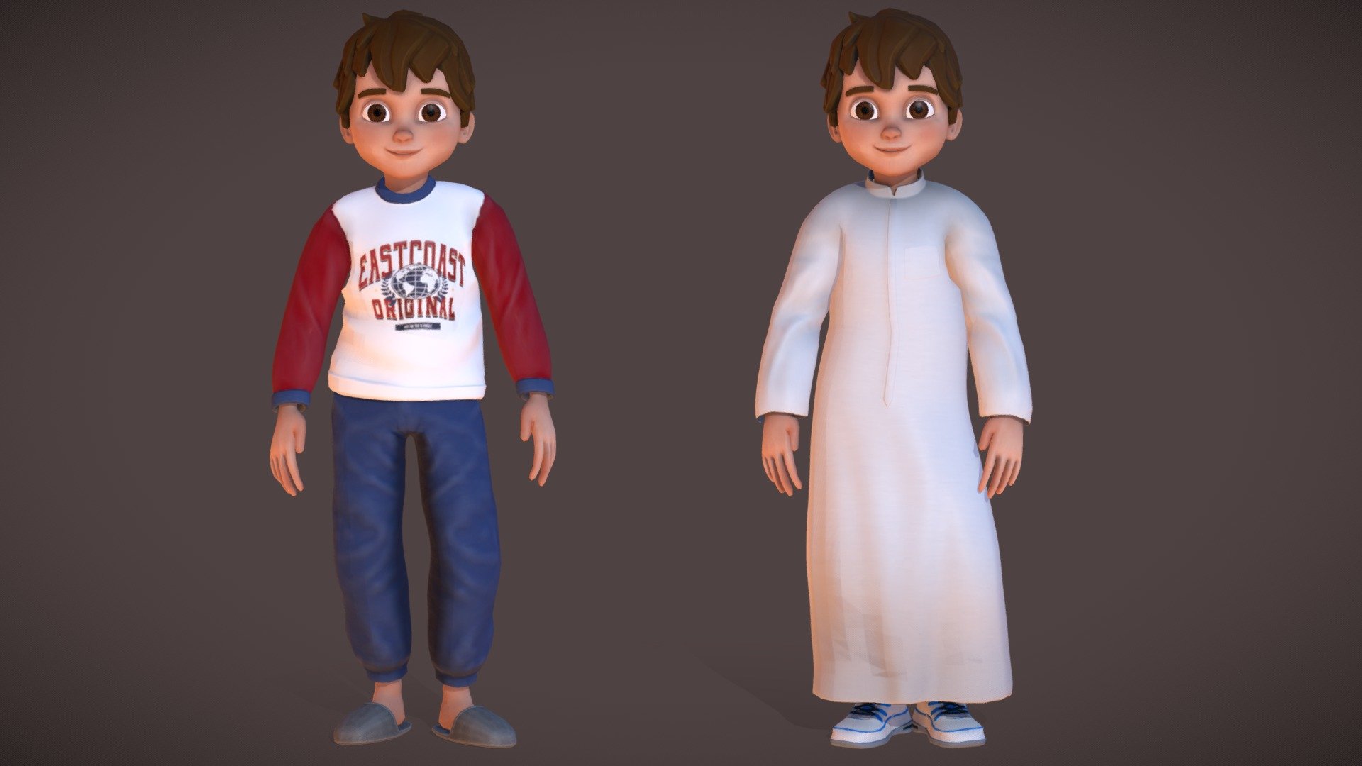 Arabi boy character made as a game-ready model in two versions, one with a school uniform and the other with a pajama outfit 3d model