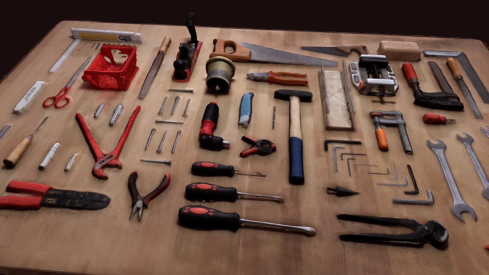 My first try of knolling. I used some tools I found in my workbench. The result is not the best because of difficult lighting conditions (lamp above the table = lots of reflections) 3d model