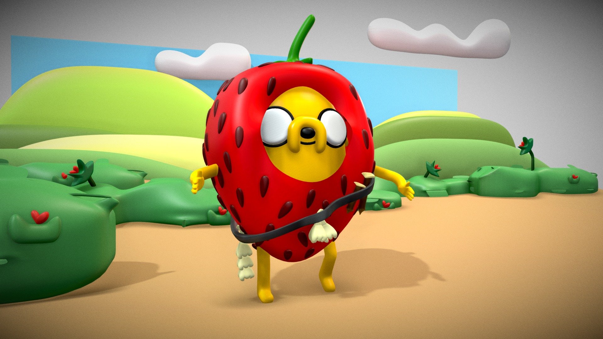 Jake the dog from adventure time, character with Rig, the strawberry costume can be removed and only jake can be left for other uses or animations (he has ears)

Renders made in Blender Cycles:


 - Jake The Dog (Strawberry) - Buy Royalty Free 3D model by HugoCabreth (@HugoEspino) 3d model