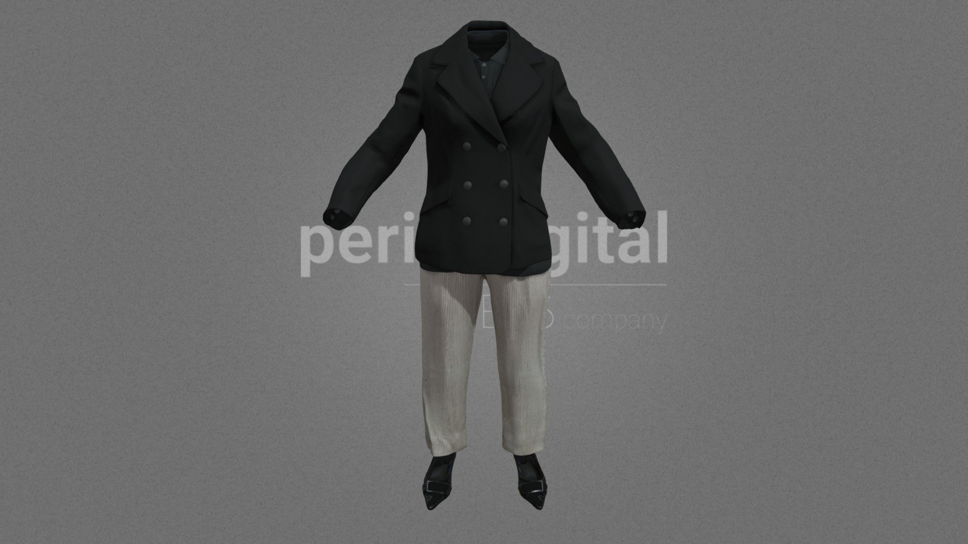Black double breasted short coat, black cardigan with neck, white elegant trousers with black stripes, black elegant shoes with short shoes.

PERIS DIGITAL HIGH QUALITY 3D CLOTHING They are optimized for use in medium/high poly 3D scenes and optimized for rendering. We do not include characters, but they are positioned for you to include and adjust your own character. They have a LOW Poly Mesh (LODRIG) inside the Blender file (included in the AdditionalFiles), which you can use for vertex weighting or cloth simulation and thus, make the transfer of vertices or property masks from the LOW to the HIGH model. We have included in Additional Files, the texture maps in high resolution, as well as the Displacement maps in high resolution too, so you can perform extreme point of view with your 3D cameras. With the Blender file (included in AdditionalFiles) you will be able to edit any aspect of the set . Enjoy it!

Web: https://peris.digital/ - 80s Fashion Series - Woman 37 - 3D model by Peris Digital (@perisdigital) 3d model