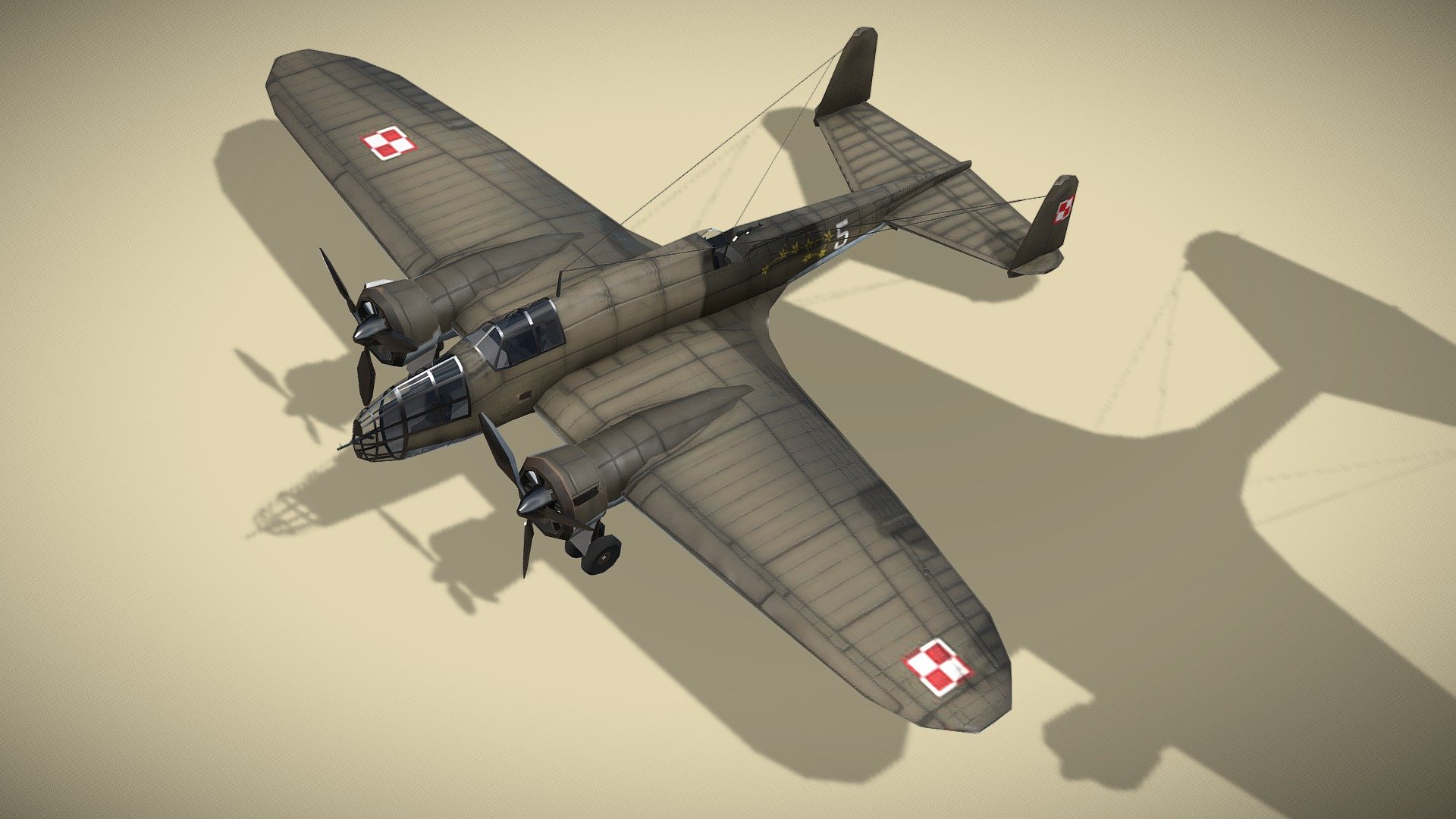 PZL.37 Moose (in polish: Łoś)

Lowpoly model of polish bomber



The PZL.37 Łoś (Moose) was a Polish twin-engined medium bomber designed and manufactured by national aircraft company PZL.

Upon its introduction to service, it was popularly considered to be not only the most modern and effective weapon then possessed by Poland, but also to be one of the most advanced bombers operational in the world. From mid-1938 onwards, interest was expressed by various nations in potential export sales. In response to this highly favourable reception, PZL, being keen to meet the demands, developed additional variants that were intended for the export market, such as the PZL.37C.



1 standing version with wheels and 2 flying versions with trails, afterburner, pilot and armament.

Model has bump map, roughness map and 3 x diffuse textures.



Check also my other aircrafts and cars.

Patreon with monthly free model - PZL.37 Łoś Moose - Buy Royalty Free 3D model by NETRUNNER_pl 3d model