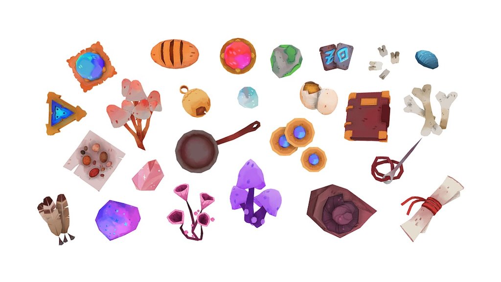 Collection of items created for Whiskers and Wares. These will be able to be found in the dungeon while the player is exploring. 

Each item is created on a seperate texture map at a 256x256 size - Item Collection - 3D model by Poppy (@lovegrub) 3d model