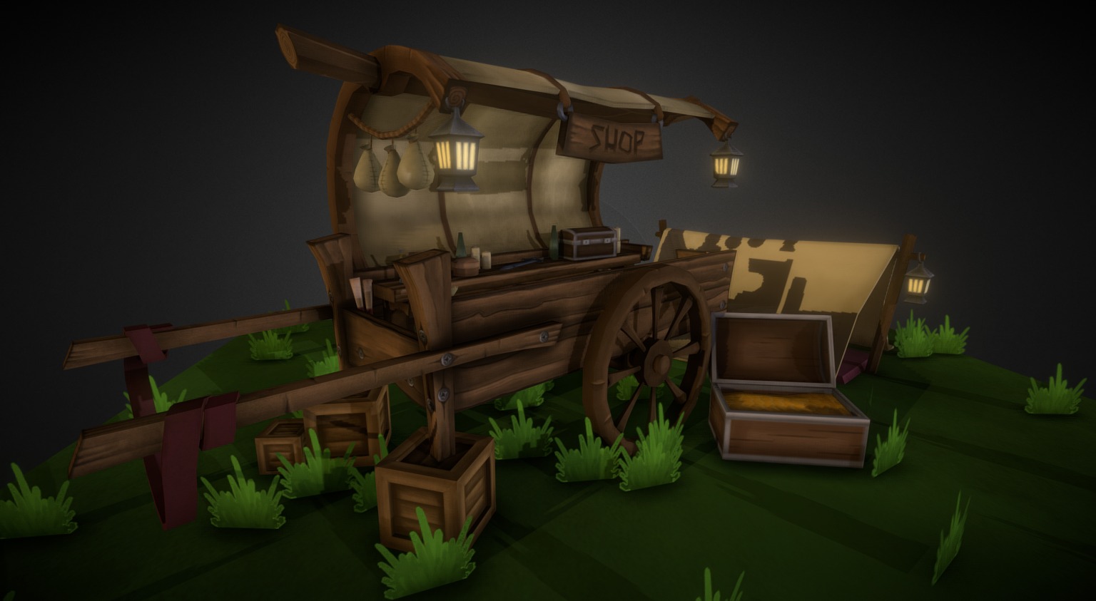 I'm a student currently studying the Btec Games Art course at Warwickshire college. This model of a small camp, containing a wooden trading cart, a tent and a chest Is my first piece for my portfolio based off the concept art by PeetCooper - Traveling Merchant Cart - 3D model by Gran (@lividgrain) 3d model