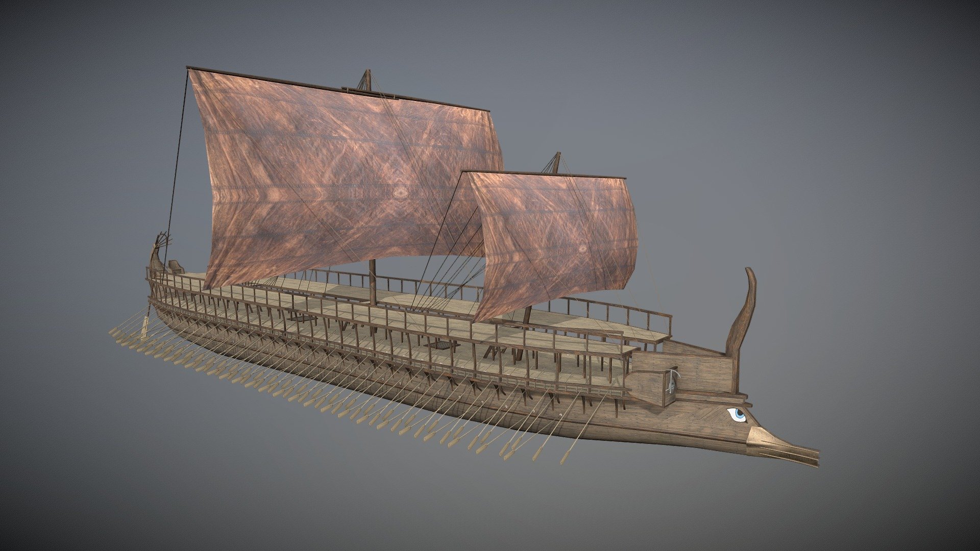 The trireme was an ancient galley used by the ancient maritime civilizations of the Mediterranean in numerous wars. The trireme derives its name from its three rows of oars, each manned by one man for a total of 170 oarsmen 3d model