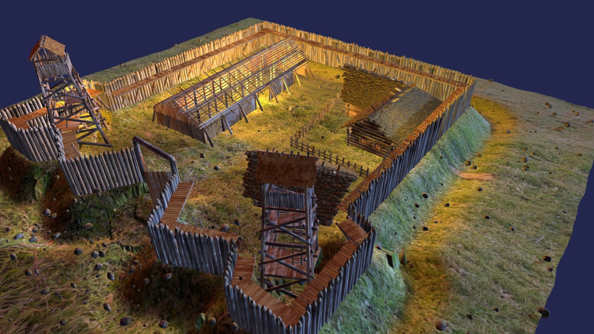 A Viking fortress surrounded by a palisade on an earthen rampart. A gate leads inside, where there are log cabins and longhouses as well as watchtowers and fenced areas for animals 3d model