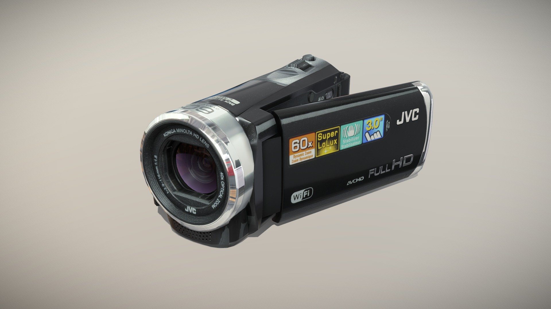 •   Let me present to you high-quality low-poly 3D model JVC EX310 Black. Modeling was made with ortho-photos of real camcorder that is why all details of design are recreated most authentically.

•   This model consists of a few meshes, it is low-polygonal and it has three materials (for Body, Belt and Glass of Lenses).

•   The total of the main textures is 7. Resolutions of all textures are 4096 pixels square aspect ratio in .png format. Also there is original texture file .PSD format in separate archive.

•   Polygon count of the model is – 6034.

•   The model has correct dimensions in real-world scale. All parts grouped and named correctly.

•   To use the model in other 3D programs there are scenes saved in formats .fbx, .obj, .DAE, .max (2010 version).

Note: If you see some artifacts on the textures, it means compression works in the Viewer. We recommend setting HD quality for textures. But anyway, original textures have no artifacts 3d model