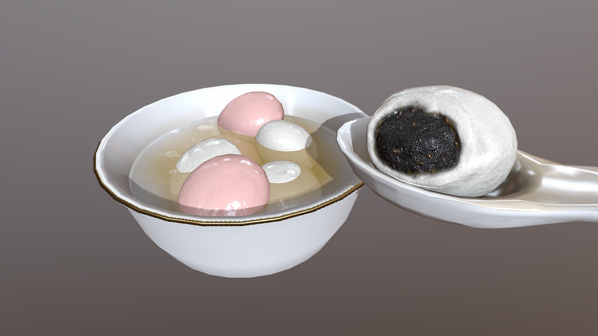 Hi~ It is a Asia food_tangyuan

It has 2355 Polygons and 2217 Vertices.
It can be used in game,VR,AR,CG. 

It have 11 textures(PBR)

tangyuan material: 5textures

2048*2048 size

BaseColor1
Ao1
Metallic1
Normal1
Roughness*1

Transparent_soup material: 6textures

1024*1024 size

BaseColor1
Ao1
Metallic1
Normal1
Roughness1
Opacity1

Display pics use Marmoset Toolbag to render.

I hope you like it~

Thank you.If you have any question , please tell me 3d model