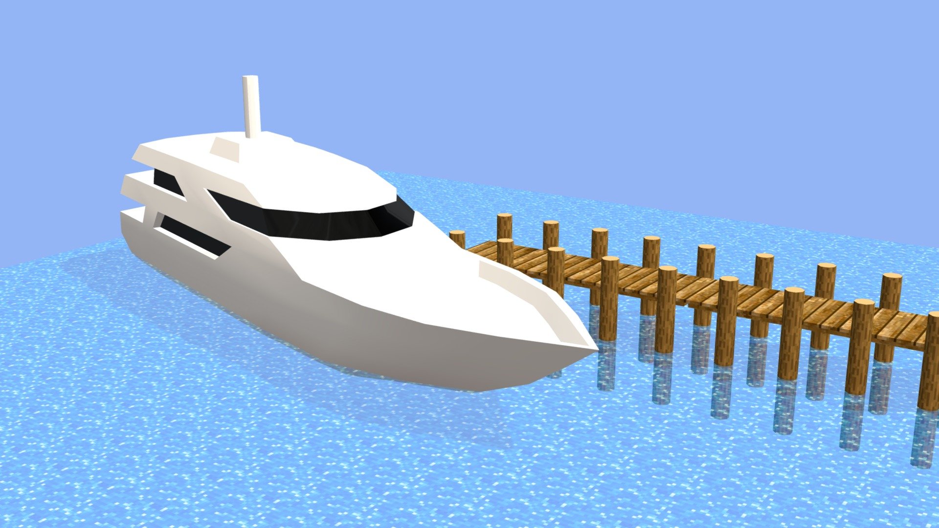 A low-poly pier and boat with only basic shape to convey what the object is. Both are sitting in water. Textures are pixellated, similarly to Minecraft 3d model