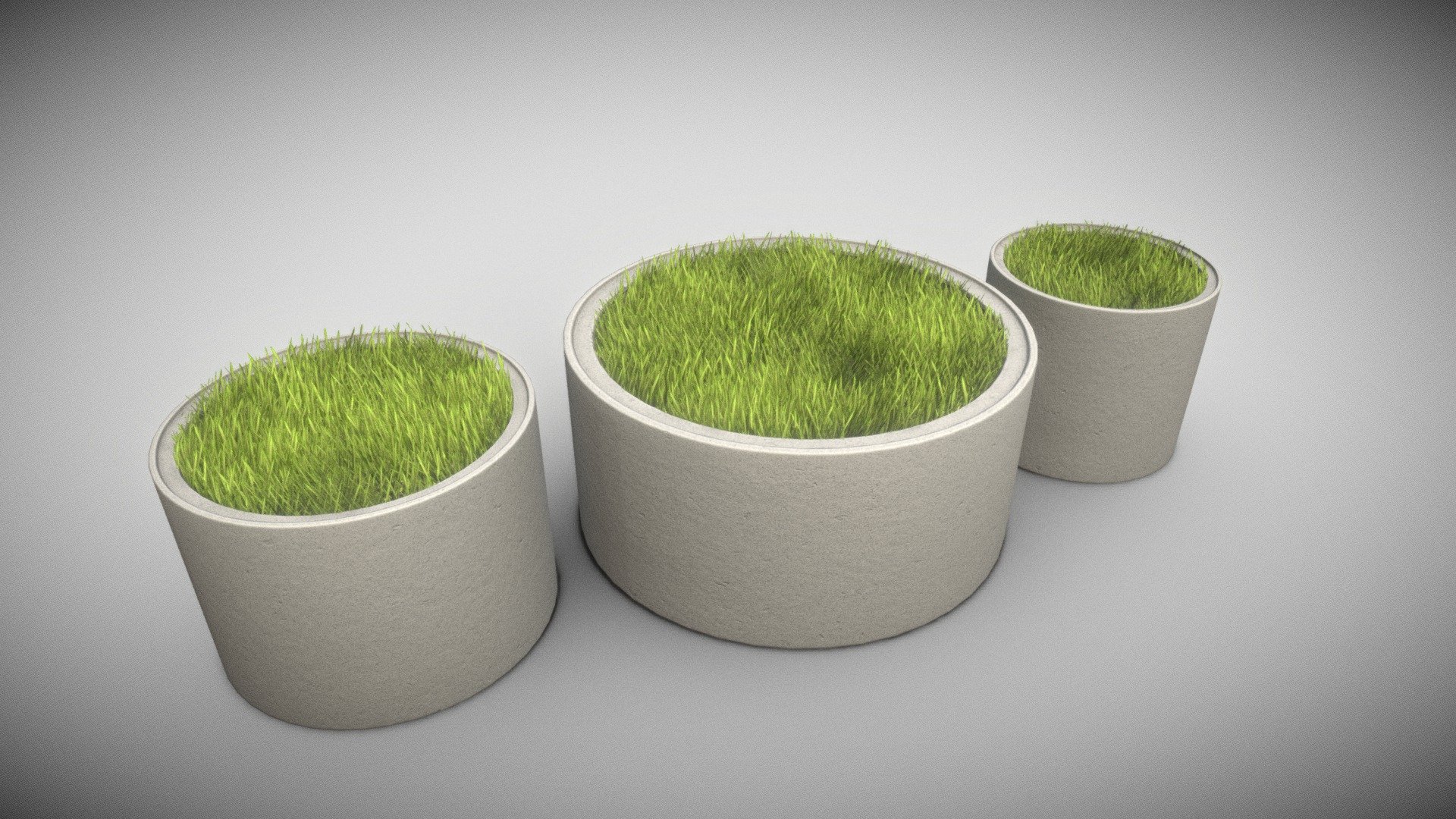 Here are three low-poly concrete pipe pots with grass.


Parts:



Object Name - Concrete_pot_800mm_Grass 


Object Dimensions -  0.799m x 0.799m x 0.763m




Vertices = 1969



Edges = 3459

Polygons = 1744






Object Name - Concrete_pot_1000mm_Grass 


Object Dimensions -  1.001m x 1.001m x 0.786m




Vertices = 2063



Edges = 3541

Polygons = 1760






Object Name - Concrete_pot_1500mm_Grass 


Object Dimensions -  1.500m x 1.500m x 0.812m




Vertices = 2675



Edges = 3623

Polygons = 1403



3D model formats: 




Native format (*.blend)

Autodesk FBX (.fbx)

OBJ (.obj, .mtl)

glTF (.gltf, .glb)

X3D (.x3d)

Collada (.dae)

Stereolithography (.stl)

Polygon File Format (.ply)

Alembic (.abc)

DXF (.dxf)

USDC 



Modeled and textured by 3DHaupt in Blender-2.91 - Concrete Pipe Pots with Grass - Buy Royalty Free 3D model by VIS-All-3D (@VIS-All) 3d model