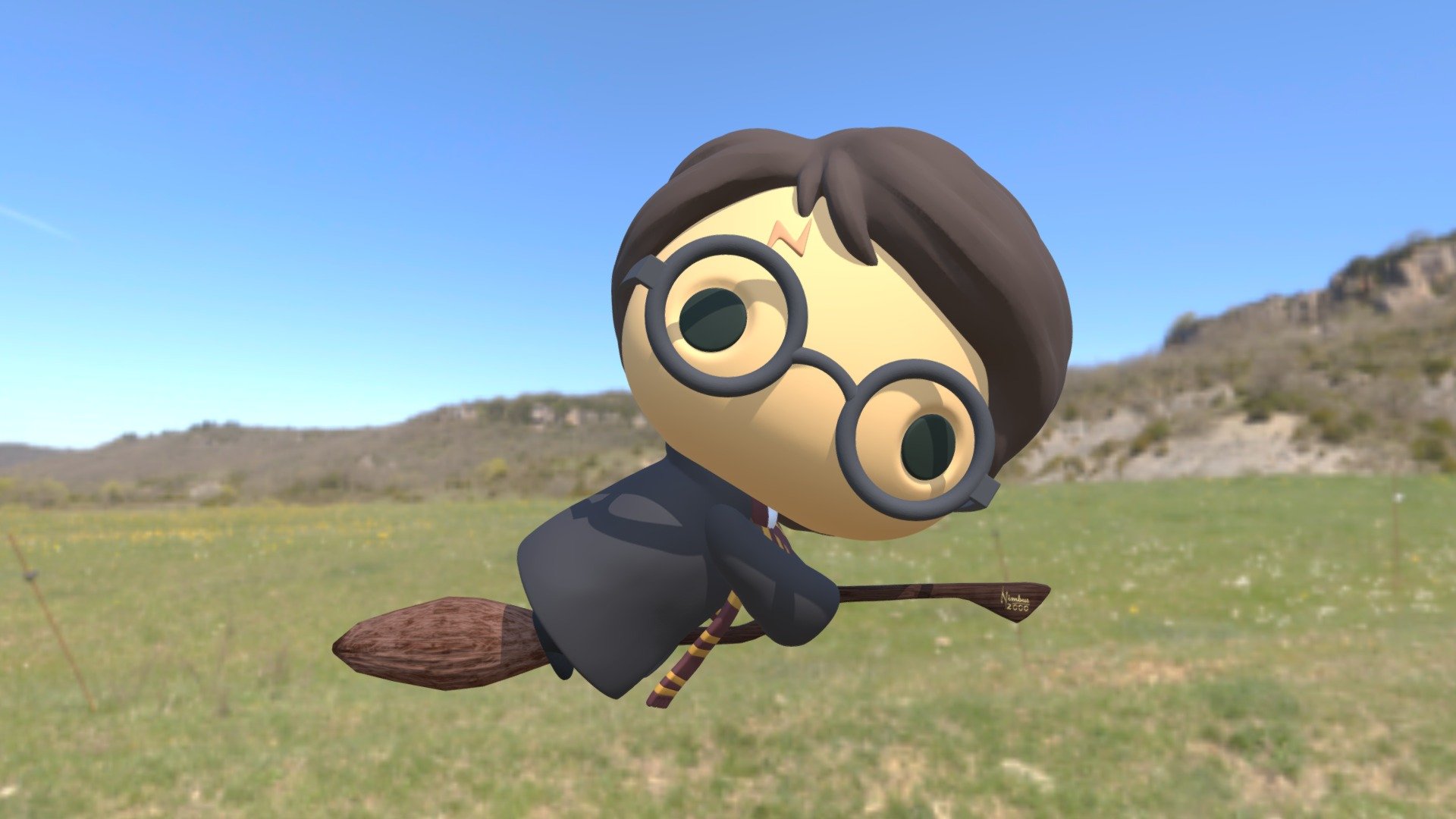 Harry Potter flying on his Nimbus 2000.
This is a Remix.

Harry Potter Model by purakito: https://www.thingiverse.com/thing:3200840

Nimbus2000 Model by Batuhan13: https://skfb.ly/6KSJT - Harry Potter Chibi - 3D model by adrianjg 3d model