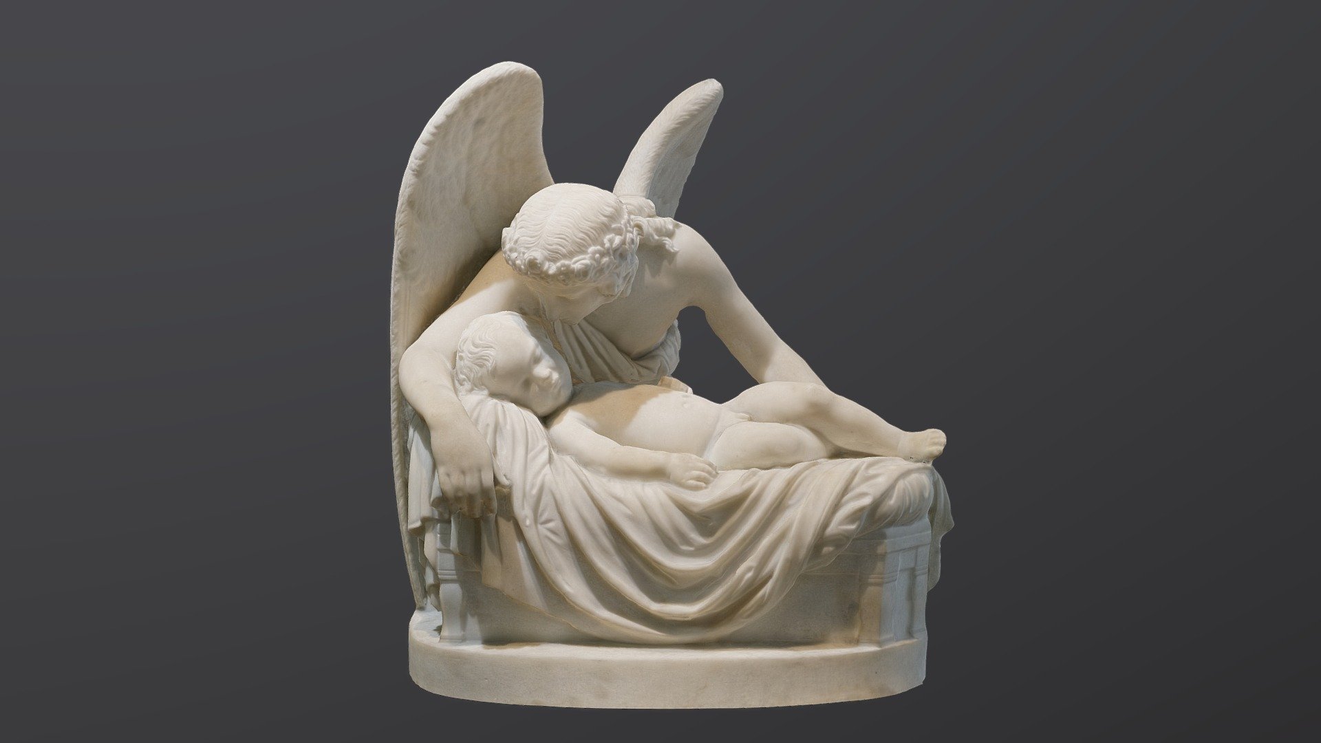 The Angel's Whisper was sculpted after a poem by Samuel Lover, which recounts an Irish belief that when a baby smiles in his sleep he is talking to an angel.
The sculptor, Spence, was an admirer of Neoclassicism. He lived in Rome and worked with the greatest English sculptor of the time, John Gibson. From Gibson he borrowed the treatment of the bodies and precisely defined volumes smoothly enveloped by the light. But he tempered the rigid aspects of his master's work with a taste for sentimentality and readily took subjects not from Greek mythology but from Shakespeare, romantic English literature, as here, or the Bible.

The angel is bending in a fluid movement, and the network of folds and the child's gently crumpled bed delicately emphasise the subtly modelled flesh. The whole is discreetly accentuated in several places, such as the angel's hair and crown of flowers, which are particularly carefully worked.

Reality Capture from : Paris, Mused'Orsay 3d model