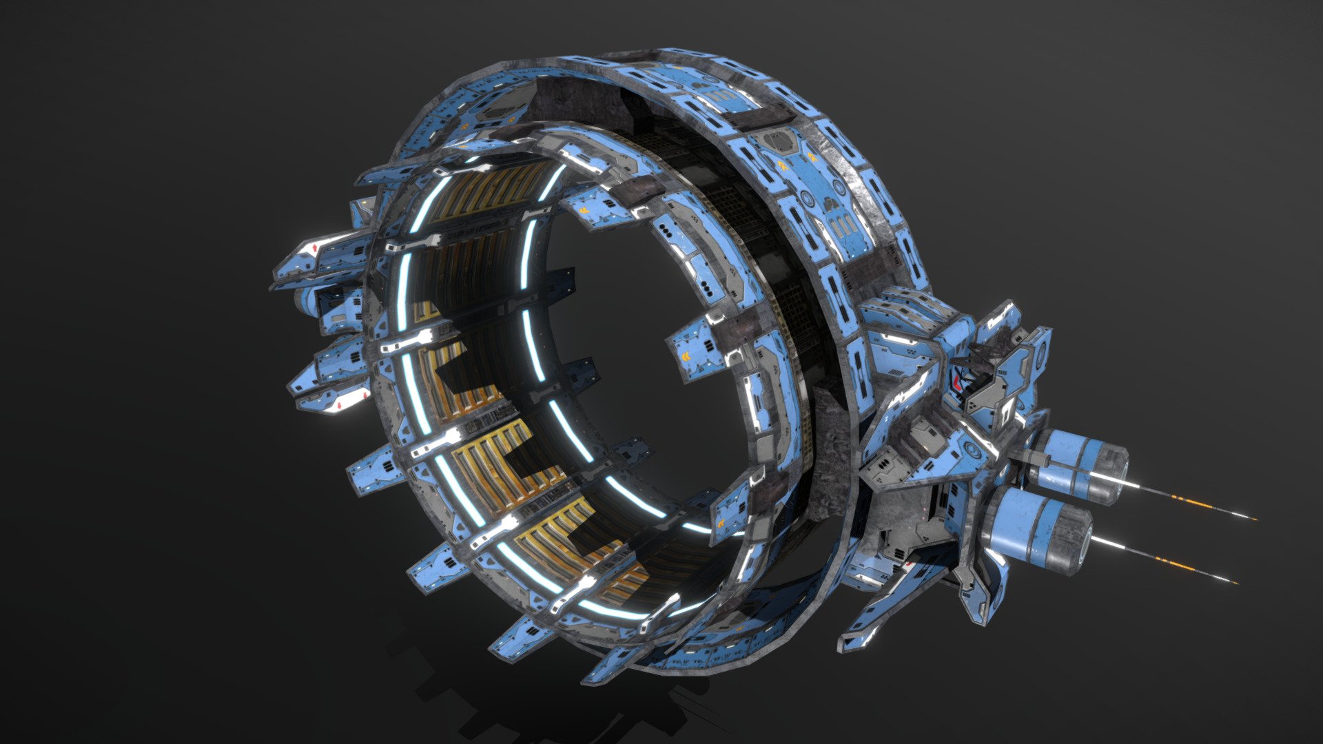 This is a model of a low-poly and game-ready scifi jumpgate. 

The weapons are separate meshes and can be animated with a keyframe animation tool. The weapon loadout can be changed as well.

The model comes with several differently colored texture sets. The PSD file with intact layers is included too.

Please note: The textures in the Sketchfab viewer have a reduced resolution to improve Sketchfab loading speed.

If you have purchased this model please make sure to download the “additional file”.  It contains FBX and OBJ meshes, full resolution textures and the source PSDs with intact layers. The meshes are separate and can be animated (e.g. firing animations for gun barrels, rotating turrets, etc) 3d model