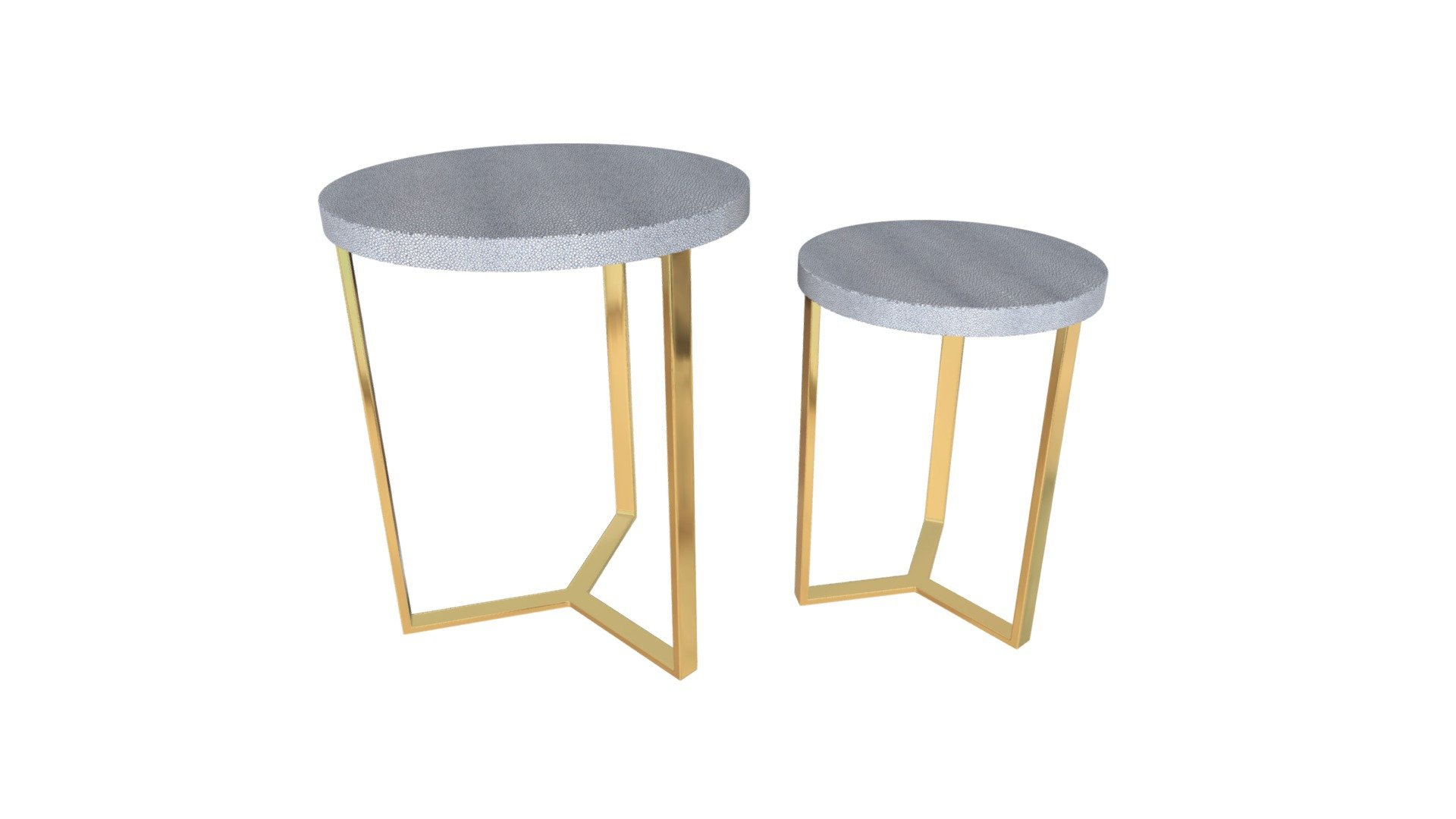 https://zuomod.com/Gela-Set-of-2-Round-Tables-Gray

This dynamic duo will stand elegantly next to a sofa, chair or bed to hold your drink, favorite book or a pair of reading glasses. The surfaces are wrapped in textured faux shagreen in versatile gray and rest on polished gold legs. Simply stunning 3d model