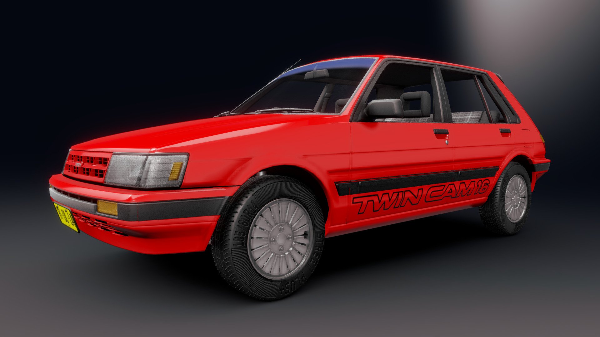 A different sporty Toyota from the mid 80s.



AE82 Chassis hatchback variant with the Series 3 front end.

**A mid-poly model with a detailed interior and underbody.
**

** BODY ALONE - 14,829 VERTS, 29,012 EDGES, 14.228 FACES
** 

**INTERIOR - 11,876 VERTS, 23,180 EDGES, 11,399 FACES
**

**CHASSIS - 3,931 VERTS, 7,492 EDGES, 3,598 FACES
**

TOTAL - 48,212 VERTS, 94,606 EDGES, 46,605 FACES - Toyota Corolla Hatchback 5dr TWINCAM (AE82) - Buy Royalty Free 3D model by MGR '99 (@MGR99) 3d model