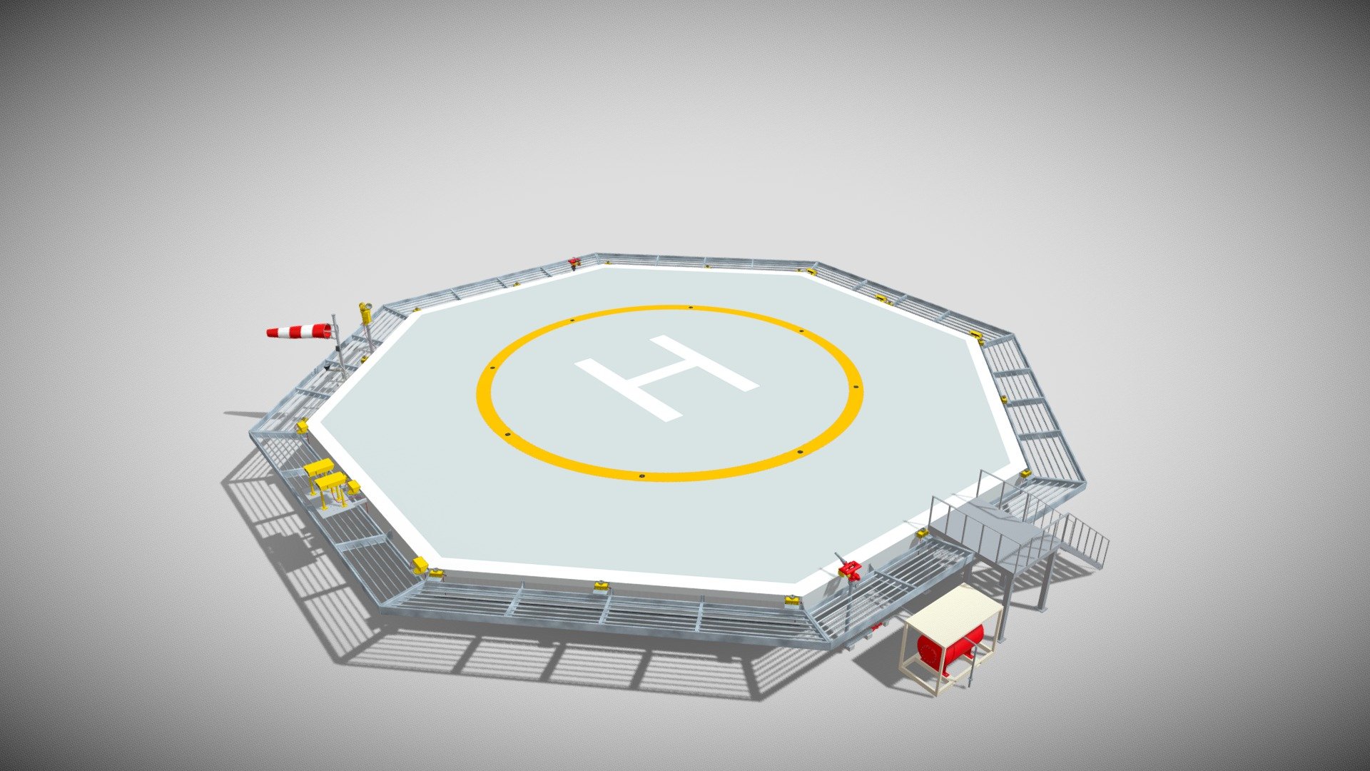 Detailed model of an Octagonal Heliport, modeled in Cinema 4D.The model was created using approximate real world dimensions.

The model has 640,974 polys and 619,451 vertices.

An additional file has been provided containing the original Cinema 4D project files, textures and other 3d export files such as 3ds, fbx and obj 3d model