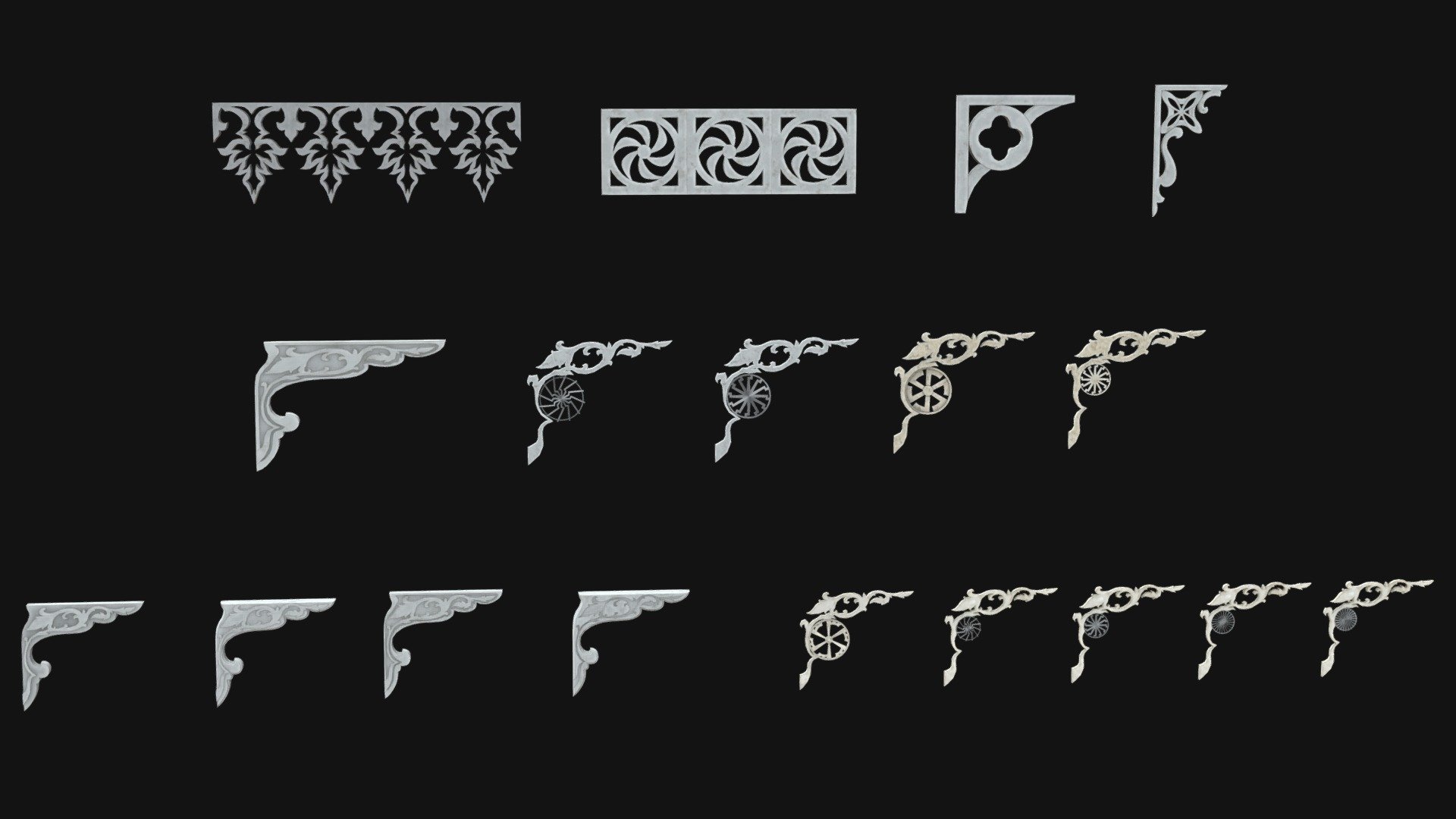 Collection of corbels (brackets, moldings, corner elements).

Some of them have old ethnic swastika symbols of culture like celtic, nordic, slavic, maybe indian. All objects is clean unwrapped(non-owerlapped) and ready for game engines. Geometry checked and have no n-gons, quads and tris only.

Archive include preview catalog and separated named FBX and OBJ files 3d model