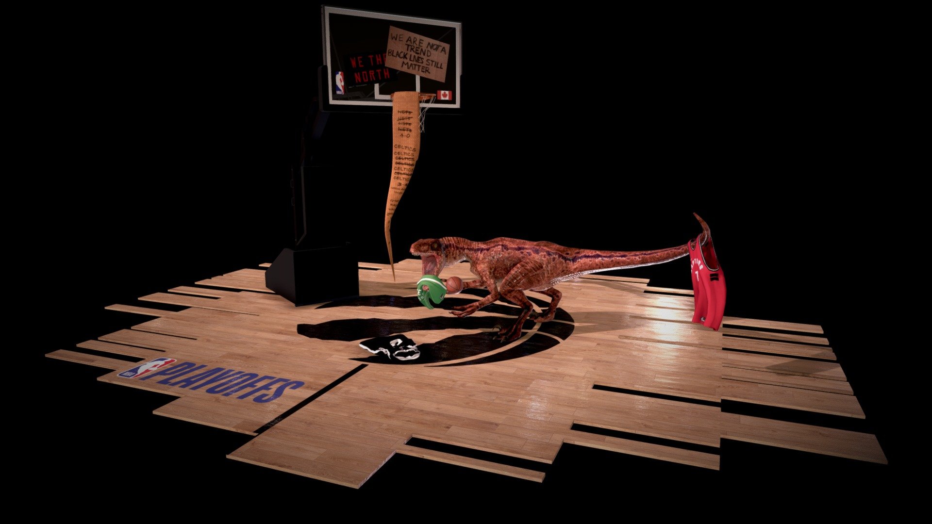 A passion project to explore different 3D tools, and to commemorate the stellar season and ongoing playoffs of the the Toronto Raptors, in addition to the Black Lives Matter social justice issues that weigh heavily on the participants in the NBA season. I will update the model as the playoffs continue (watch the recreation of Serge Ibaka's scarf hanging on the rim and the jerseys on the floor as they progress ;)

Credits follow:


Raptor rig from 3D artist Truong.
Basketball hoop from Studio lab
Jerseys modelled and textured
Court and scarf modelled and textured.
Note that I made many modifications to the textures and geometry of all models for a complete visual look, and to increase performance. Fiddled with Sketchfab's spectacular 3D settings to get the right look.

Built using Autodesk Maya and Adobe Photoshop - The Toronto Raptors in the 2020 NBA Playoffs - 3D model by PlumCantaloupe 3d model