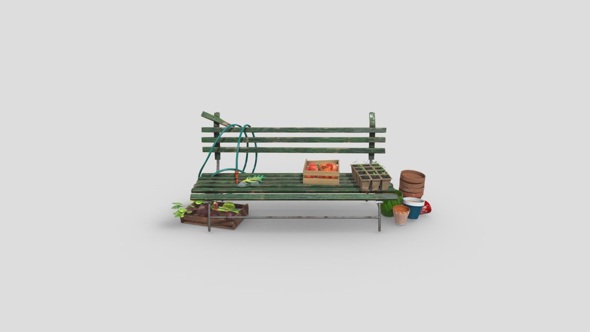 Garden Bench - An old garden bench cluttered with various garden items, including a garden watering hose, used gloves, peat pots, a few boxes filled with vegetables, and some unused flower pots laying around.




Includes 6 low poly models.

Modes are Game-Ready/VR ready.

Models are UV mapped and unwrapped (non-overlapping).

Assets are fully textured, 512x512, 1024x1024, 2048x2048 .png’s. PBR

Models are ready for Unity and Unreal game engines.

File Format: .FBX

Additional zip file contains all the files 3d model