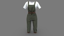 Retro Female Overall With Tshirt short, green, white, tshirt, retro, up, girls, legs, cover, all, top, bottom, pants, dress, sleeves, costume, womens, over, outfit, overall, rolled, khaki, pbr, low, poly, female, coverall