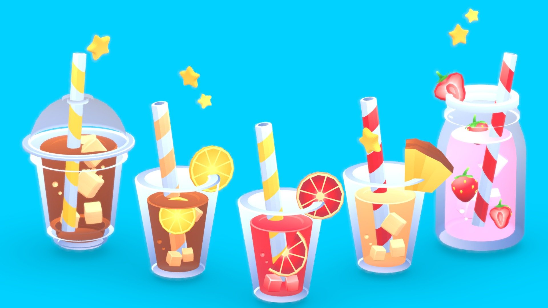 Low poly cute soft drinks pack. 

Textured with gradient atlas, so it is performant for mobile games and video games.

Like a few of my other assets
in the same style, it uses a single texture diffuse map and is mapped using only color gradients. 
All gradient textures can be extended and combined to a large atlas.

There are more assets in this style to add to your game scene or environment. Check out my sale.

If you want to change the colors of the assets, you just need to move the UVs on the atlas to a different gradient.
Or contact me for changes, for a small fee.

I also accept freelance jobs. Do not hesitate to write me. 

*-------------Terms of Use--------------

Commercial use of the assets  provided is permitted but cannot be included in an asset pack or sold at any sort of asset/resource marketplace.* - Stylized Food and Drinks, Softdrinks - Buy Royalty Free 3D model by Stylized Box (@Stylized_Box) 3d model