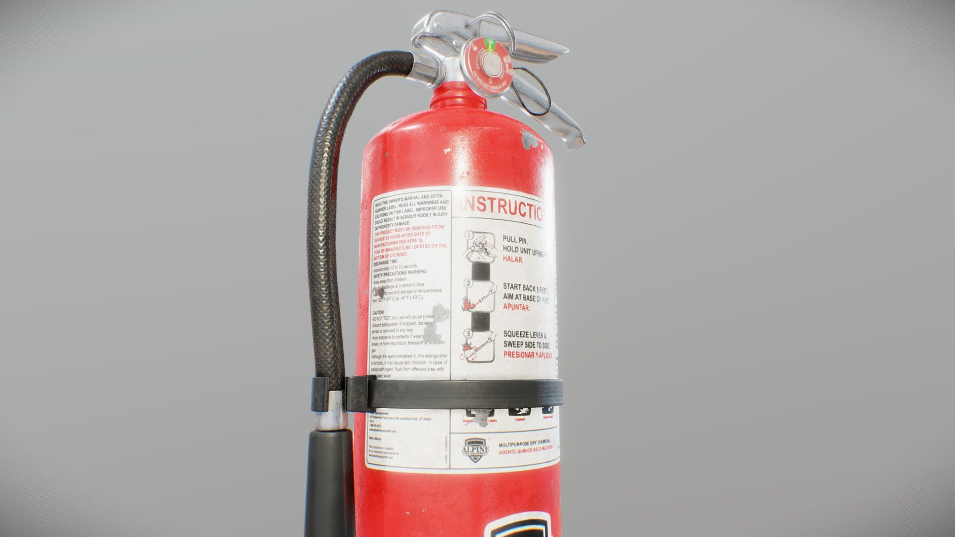 This is a low-poly fire extinguisher with 8K PBR maps including diffuse, metalness, roughness, transmission (for the glass covering the pressure gauge; may need to be manually adjusted in the software you import the extinguisher into), and normal.
This model was modeled, textured, and baked in Blender using nodes for procedural textures with some third-party textures used as masks. The logo label was designed in Inkscape and the main label was created and provided by graphic artist Brady Hartvigsen 3d model