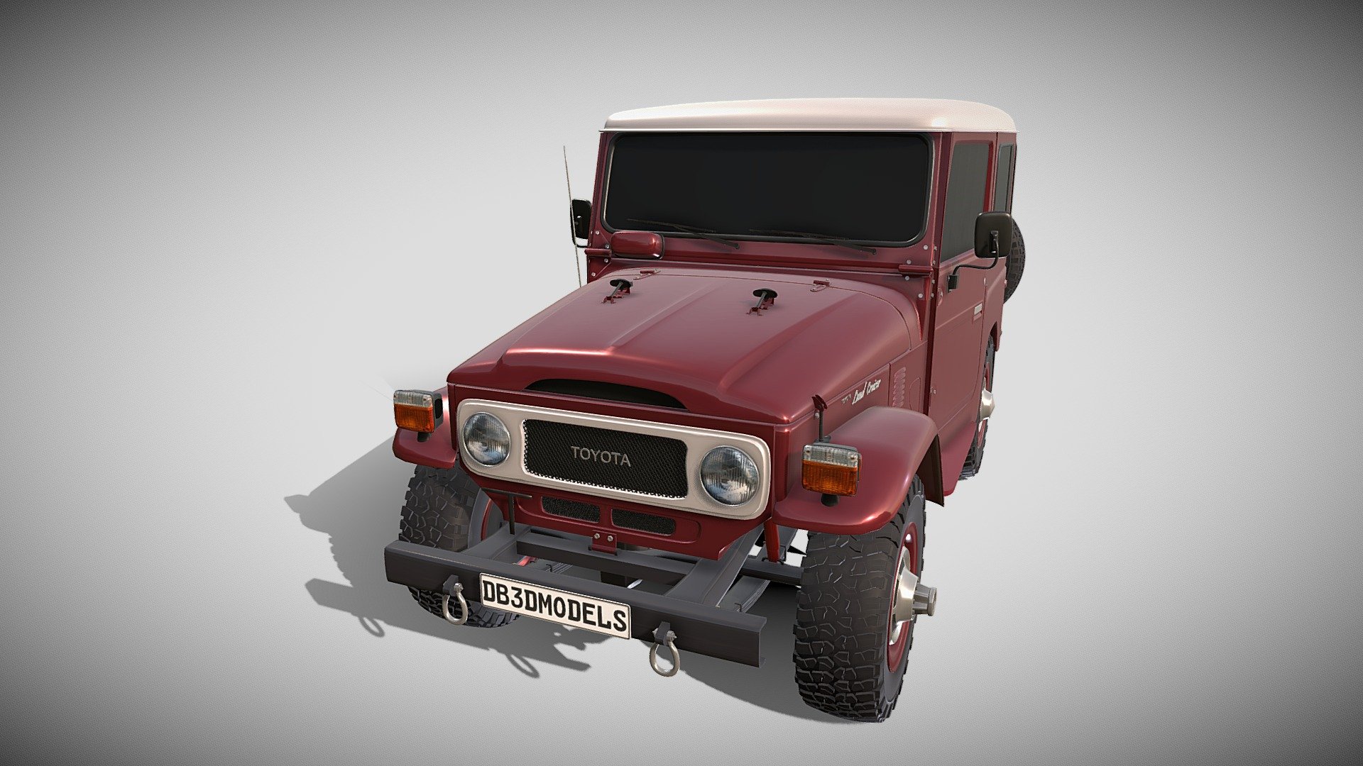 A very accurate model of the Toyota Land Cruiser FJ-40.

File formats:
-.blend, rendered with cycles, as seen in the images;
-.obj, with materials applied and textures;
-.dae, with materials applied and textures;
-.fbx, with material slots applied;
-.stl;

3D Software:
This 3d model was originally created in Blender 2.79 and rendered with Cycles.

Materials and textures:
The model has materials applied in all formats, and is ready to import and render.
The model comes with multiple png image textures.

Preview scenes:
The preview images are rendered in Blender using its built-in render engine &lsquo;Cycles'.
Note that the blend files come directly with the rendering scene included and the render command will generate the exact result as seen in previews.
Scene elements are on a different layer from the actual model for easier manipulation of objects 3d model