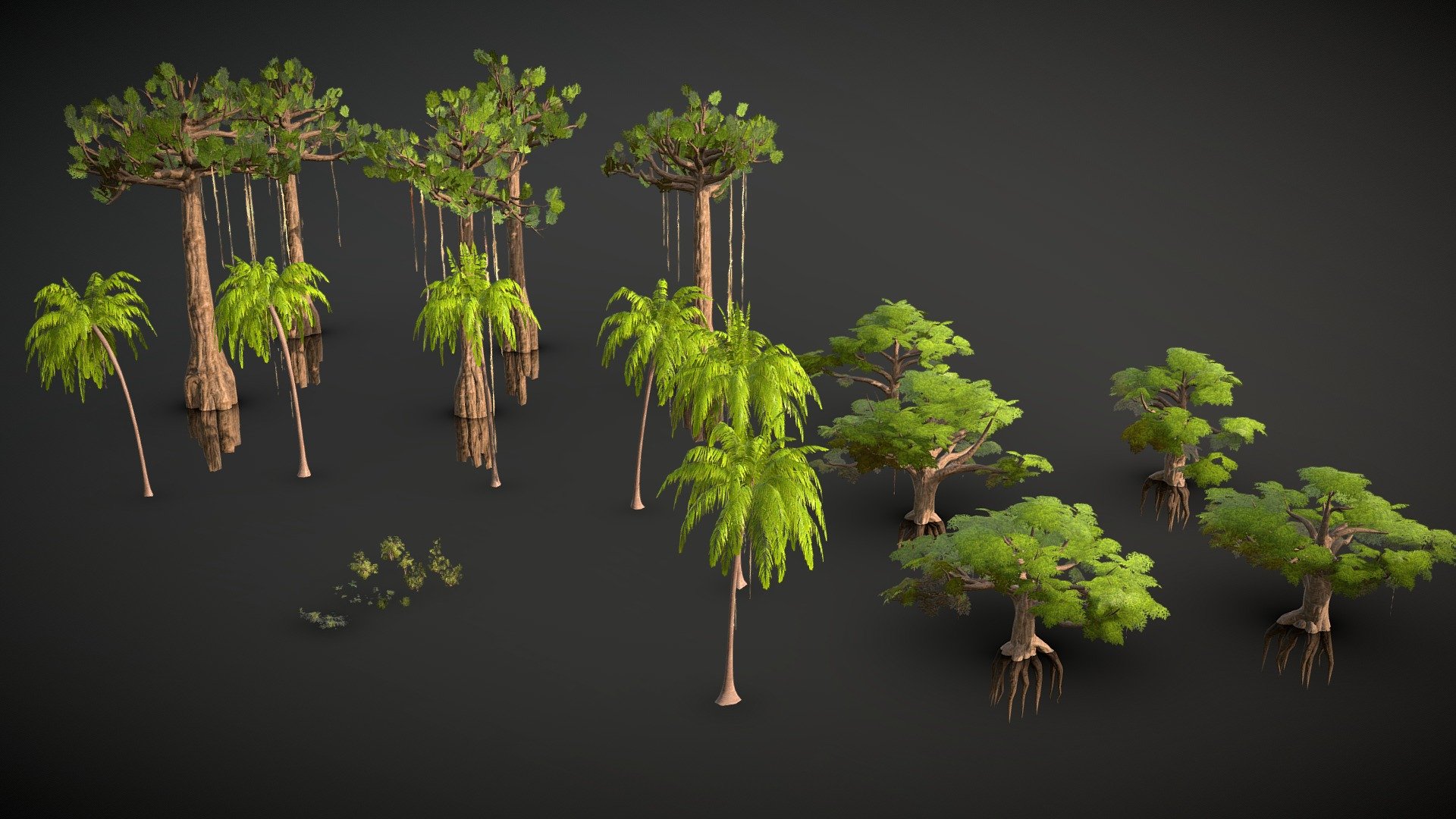 Huge trees with hanging ivy with various grass meshes




Trees : Ceiba, Copaiba, Florida Palm, Guarana, Banana, Bushes and various grass assets

Custom normals

Includes Convex Collisions (.blend included)

Custom vertex paint for custom wind effects
 - Amazon Tropical Rainforest Jungle foliage pack - Buy Royalty Free 3D model by FAXCORP 3d model