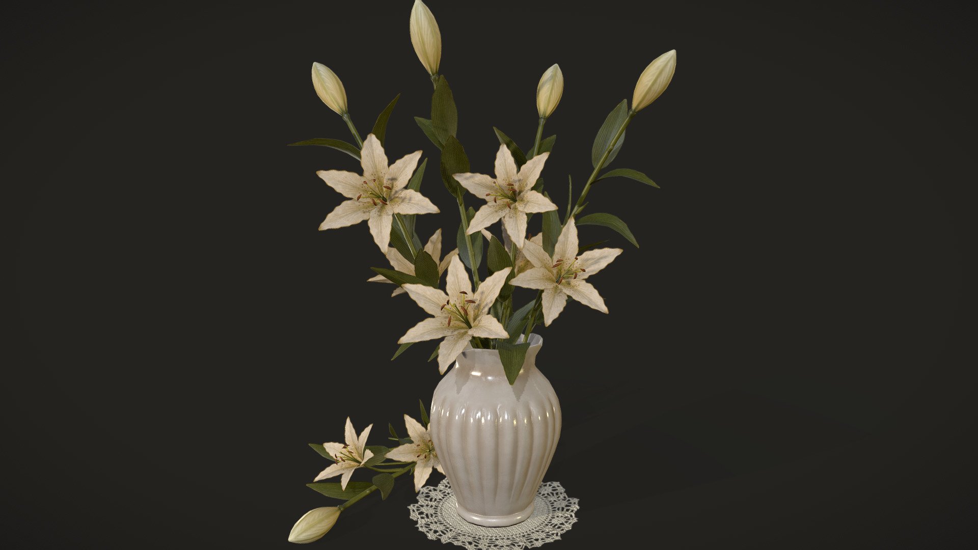 Bouquet with Lilies it's a lowpoly game ready model with unwrapped UVs, PBR textures, ready to use in any game engine.

This asset includes 3 separate objects: vase with flowers, knitted napkin and flower branch.

Normal map was baked from a high poly model.

UVs: channel 1: overlapping; channel 2: non-overlapping (for baking lightmaps)

Formats: FBX, Obj. Marmoset Toolbag scene 3.08 (.tbscene)  Textures format: TGA. Textures resolution: 2048x2048px. 

Textures set includes:




Metal_Roughness: BaseColor, Roughness, Metallic, Normal, Height, AO.

Unity 5 (Standart Metallic): AlbedoTransparency, AO, Normal, MetallicSmoothness

Unreal Engine 4: BaseColor, OcclusionRoughnessMetallic, Normal.

More screenshots on Artstation: https://www.artstation.com/artwork/58ORy8



Artstation: https://www.artstation.com/tatianagladkaya

Instagram: https://www.instagram.com/t.gladkaya_ - Bouquet with Lilies - 3D model by Tatiana Gladkaya (@tatiana_gladkaya) 3d model