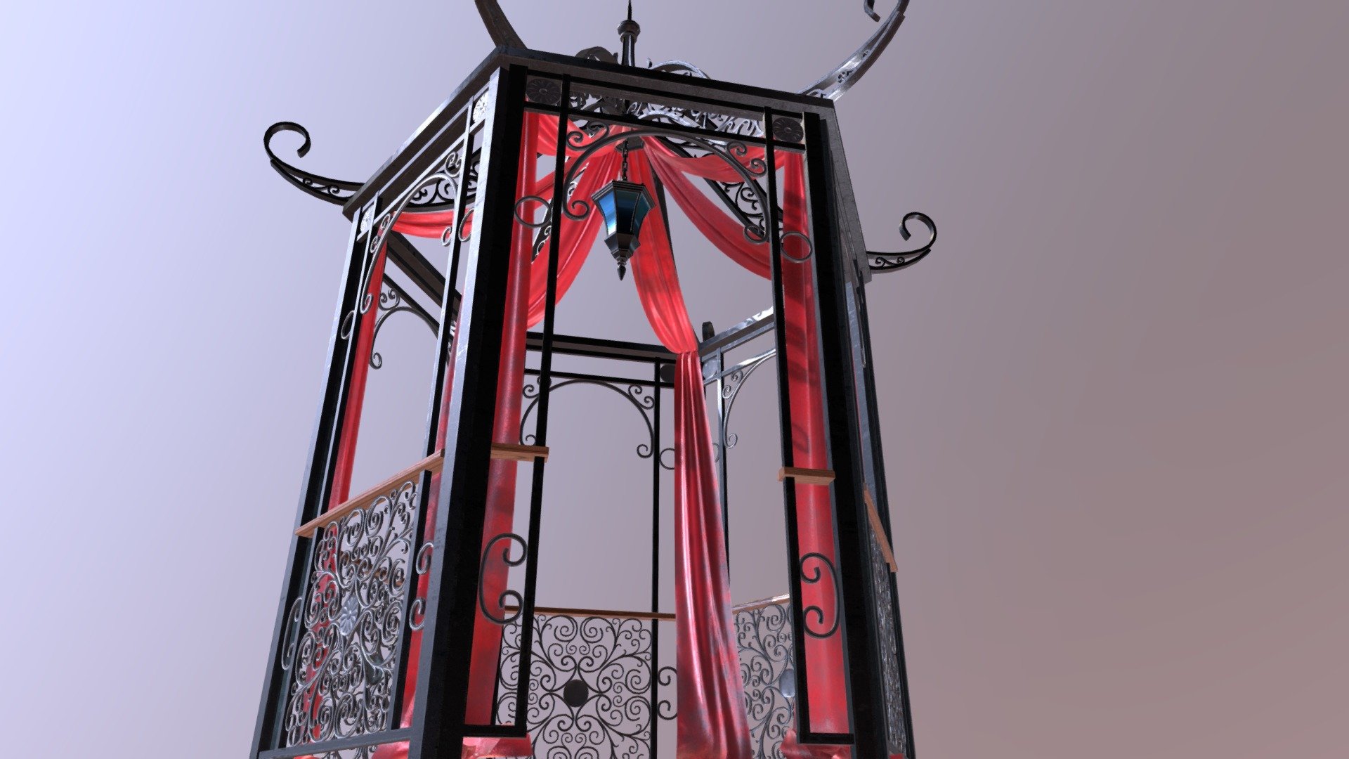 Darksteel romanesque style gazebo 

Contain 3 UDIM ( 3 pack of textures) of 4k each

Structure - ornament - veil

There is an opacity mask for the lamp but I don't know how make it work in this render/Sketchfab. I will add it in attached files in case.

Also - https://sketchfab.com/3d-models/green-painted-iron-gazebo-31d3c3467d7d40be9a3882dd5a5d76a6 - Darksteel gazebo - Buy Royalty Free 3D model by JB3D (@taz83) 3d model