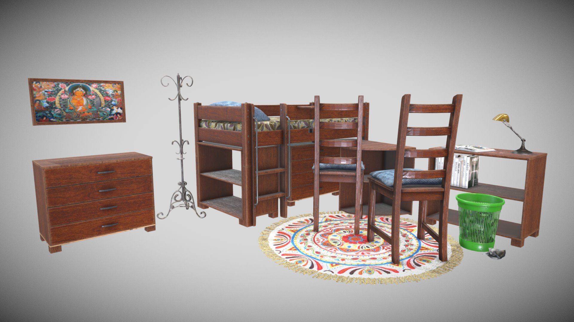 PBR Specular/Glossiness - 

One Material 2k the Furniture - One other Material all the Accessories  




Diffuse  

Gloss  

Normal  

Specular 

Ambient Occlusion Ao  

Opacity
 - Letto A Castello - Buy Royalty Free 3D model by Francesco Coldesina (@topfrank2013) 3d model