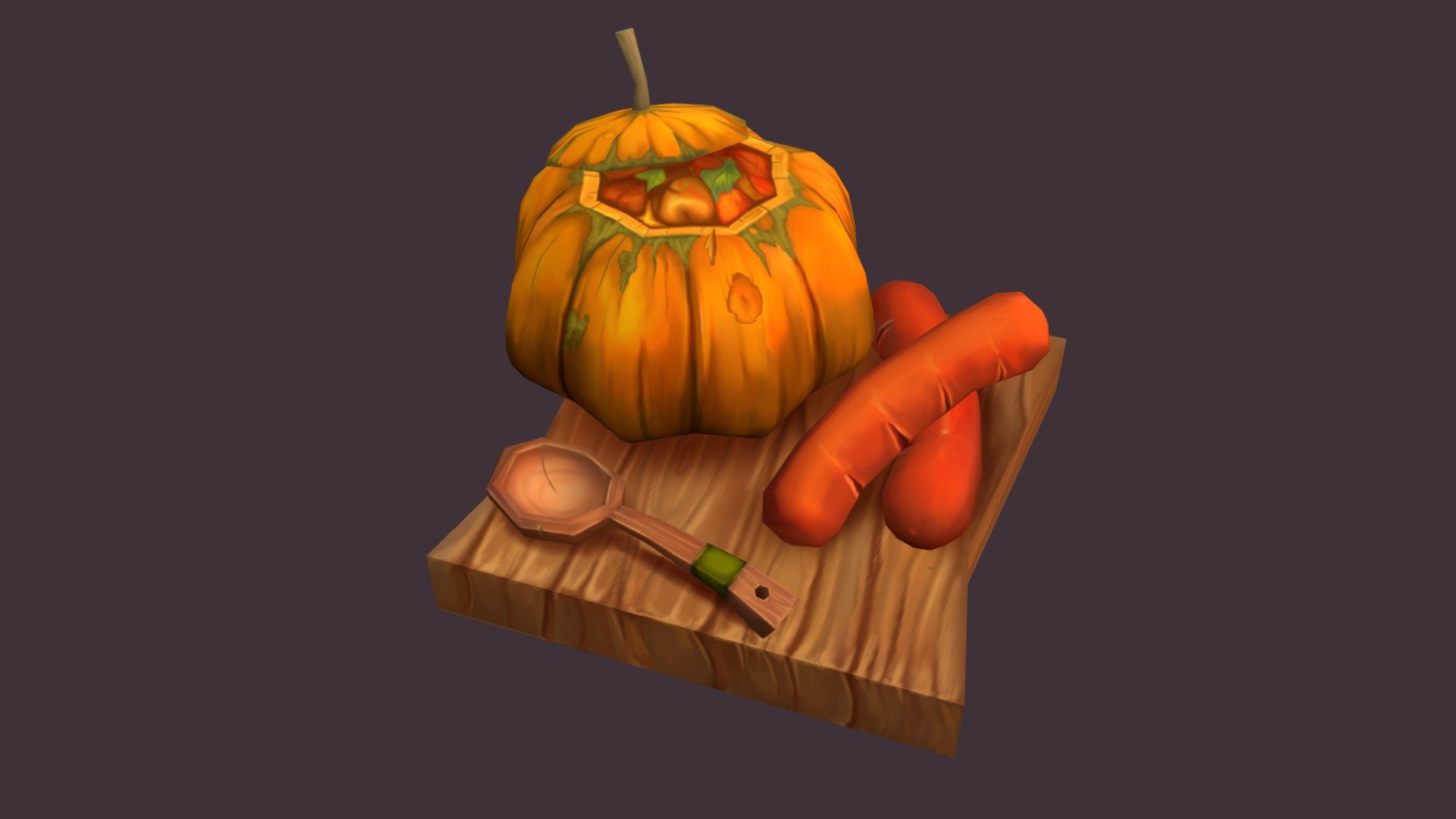 Entry for @curlscurly foodchallenge - Hand painted pumpkin and sausages - 3D model by Vitaly Zaytsev (@weegson) 3d model